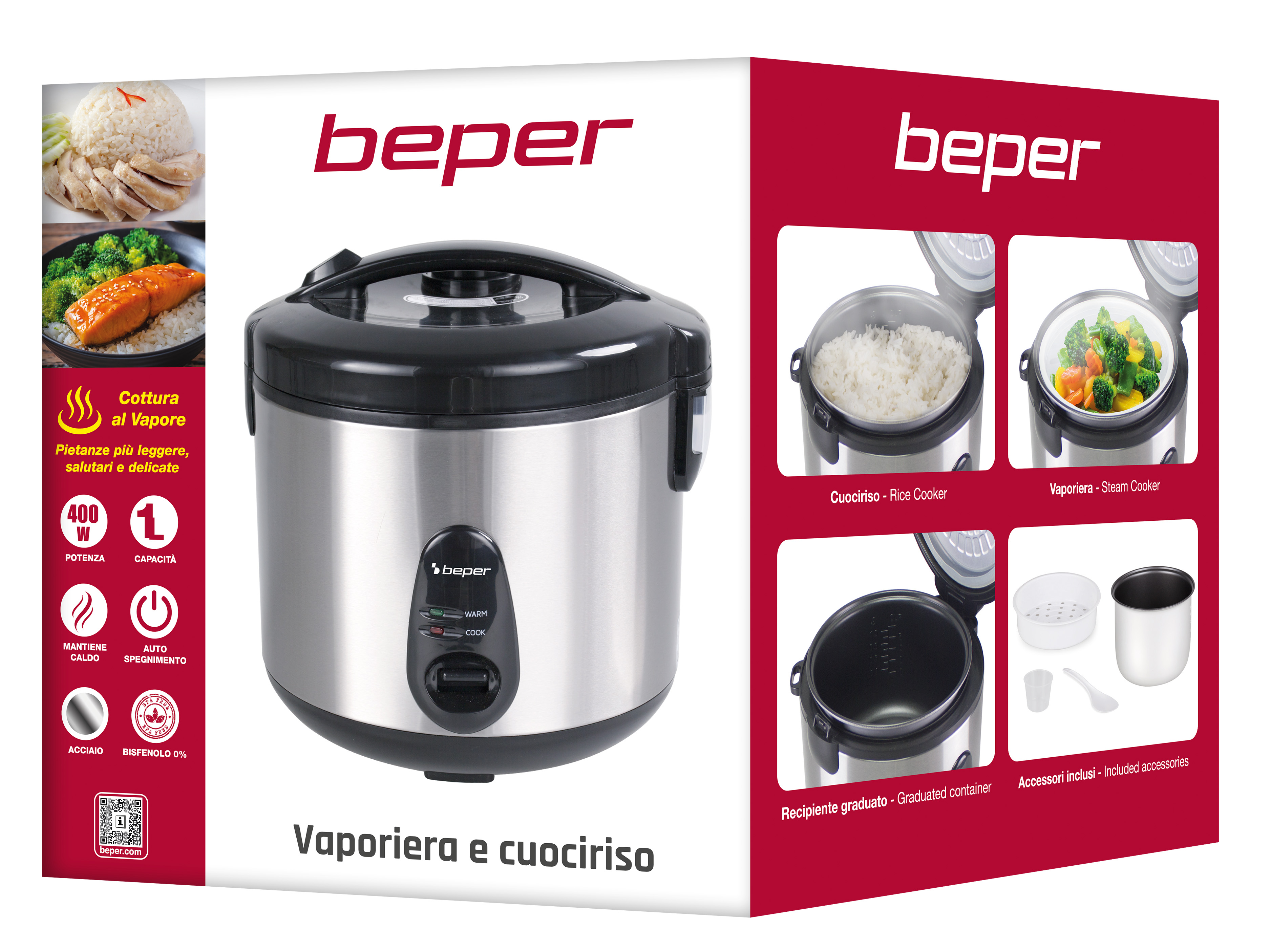 Una cuociriso Beper argento e nero con accessori inclusi e immagini di cibo cotto.