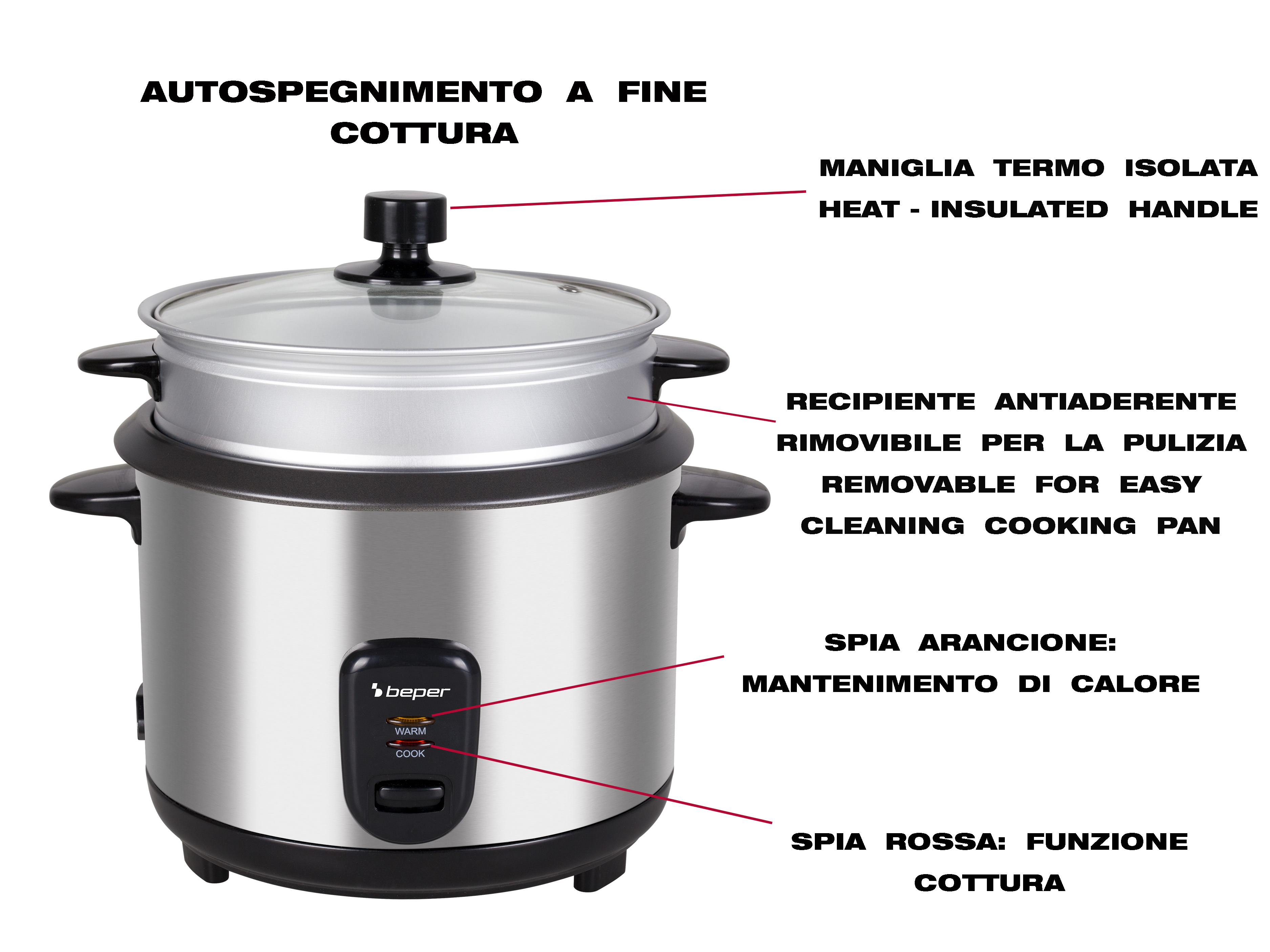 È mostrata una cuociriso con coperchio trasparente. Ha una maniglia nera e una base nera.