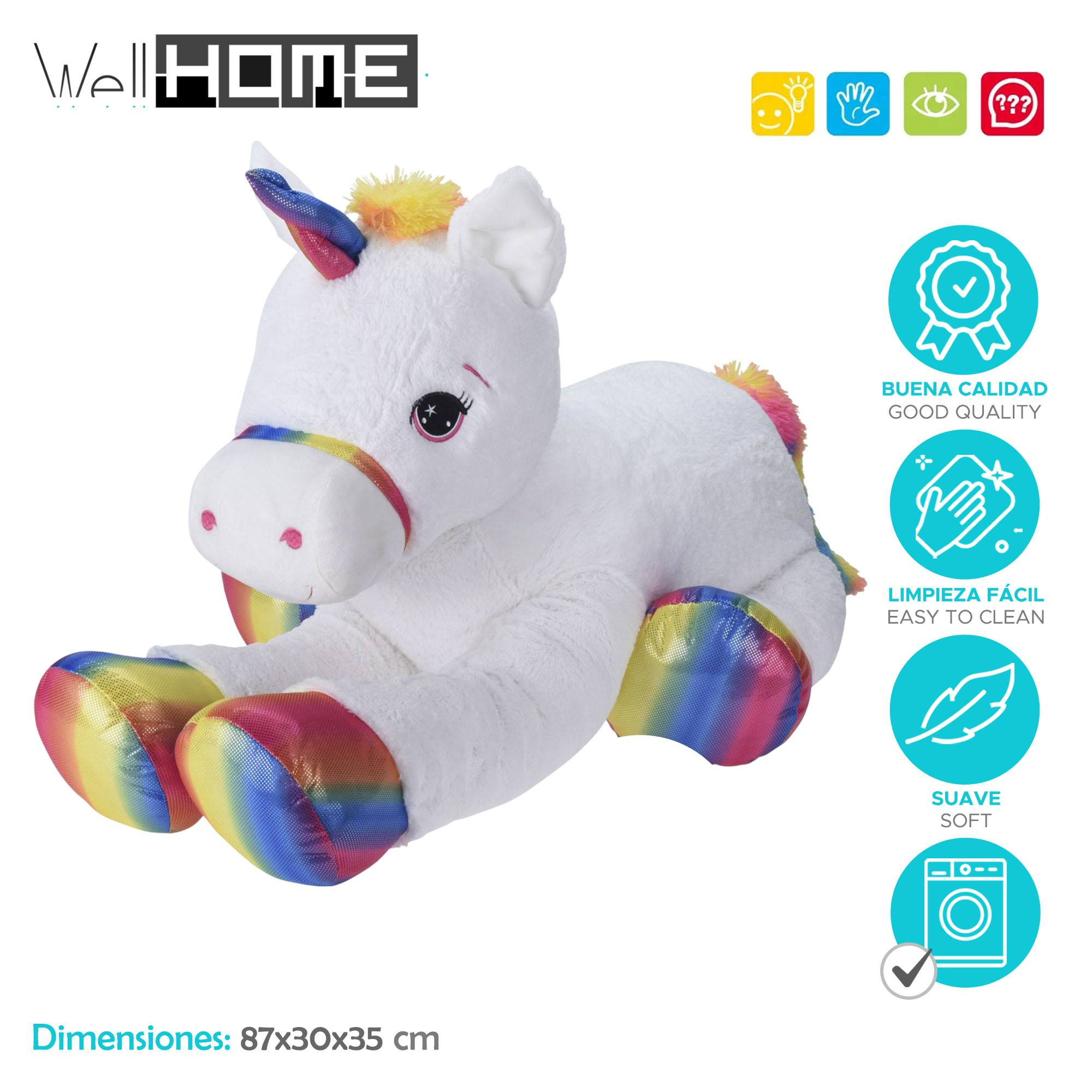 Un peluche de unicornio blanco con pezuñas y crin de arcoíris. Información del producto e iconos visibles.