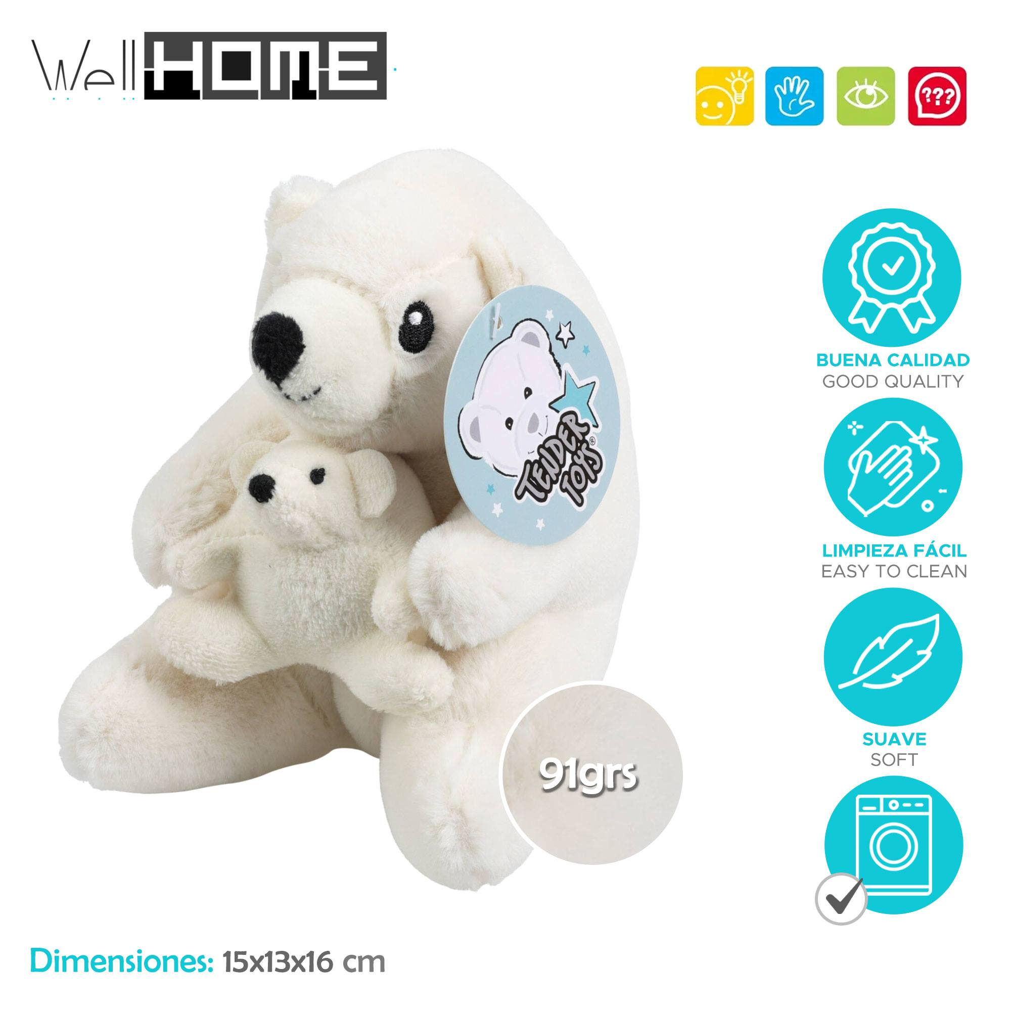 Un peluche de oso polar blanco, sosteniendo un oso más pequeño. Tiene una etiqueta que dice Tender Toys. Es suave y lavable.