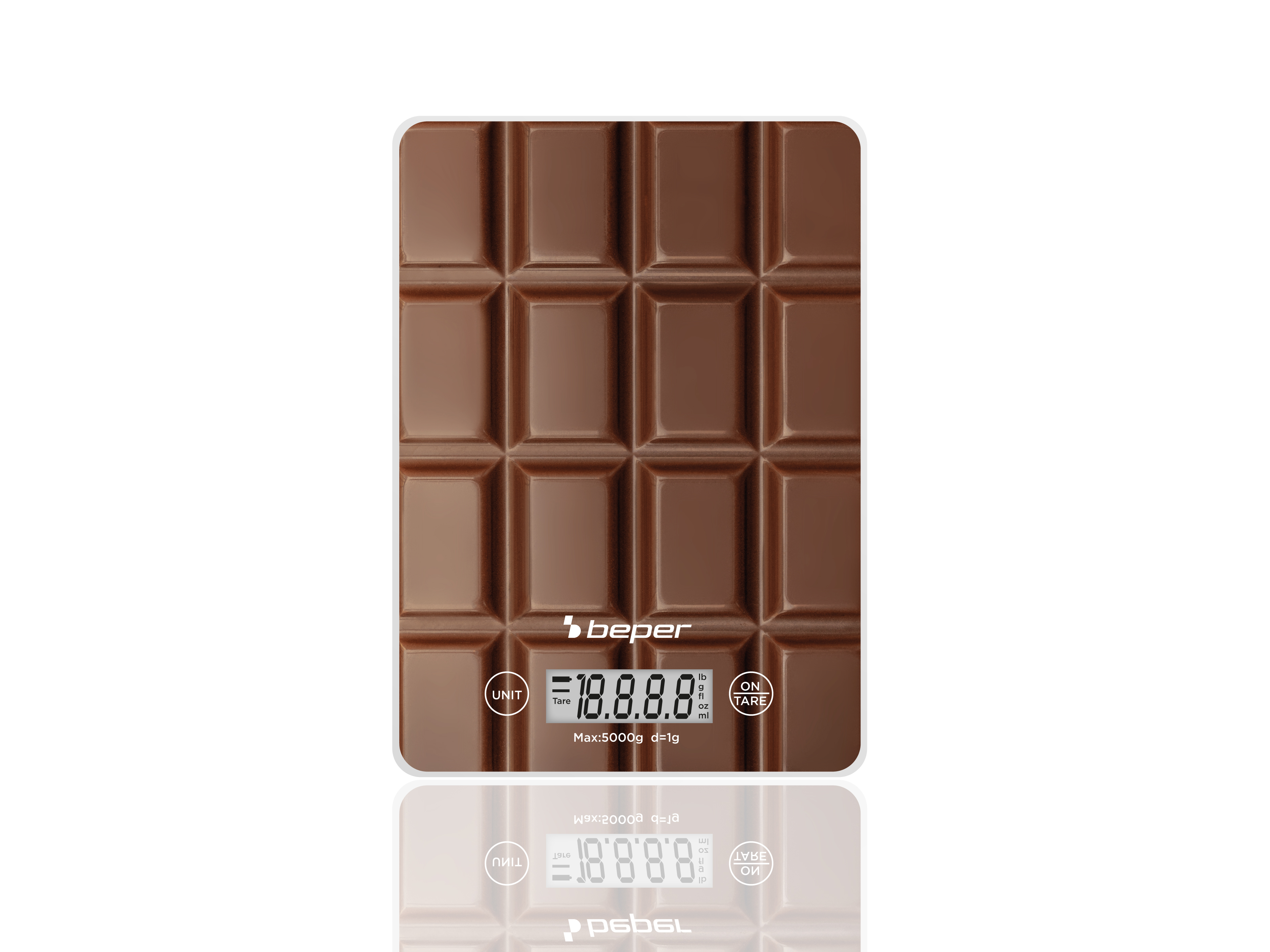 Una bilancia da cucina digitale con un design a forma di barretta di cioccolato. Ha un display con numeri e pulsanti.