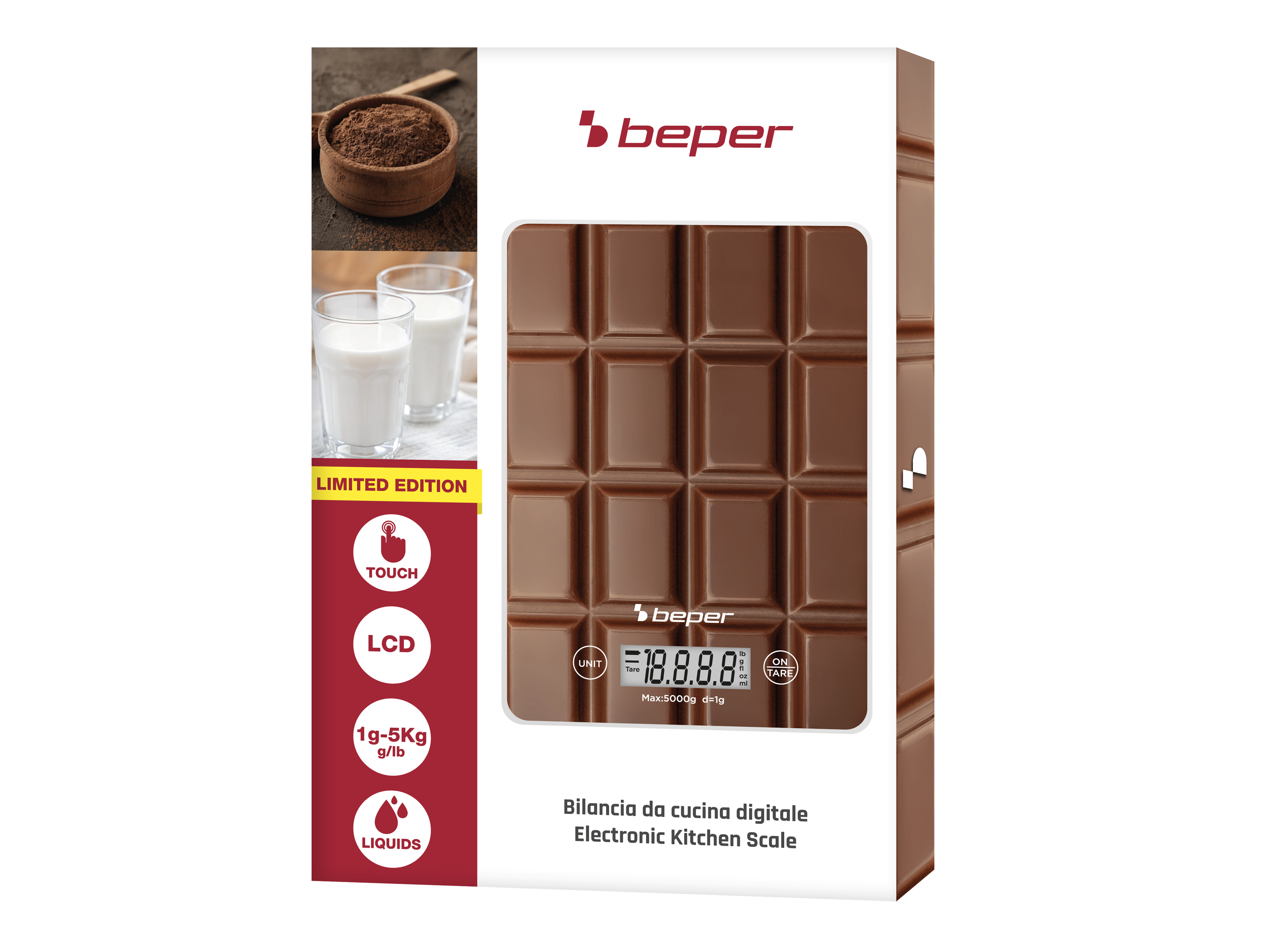 Una bilancia da cucina con design a barretta di cioccolato. Mostra latte, cacao e ha un display LCD. È un'edizione limitata.