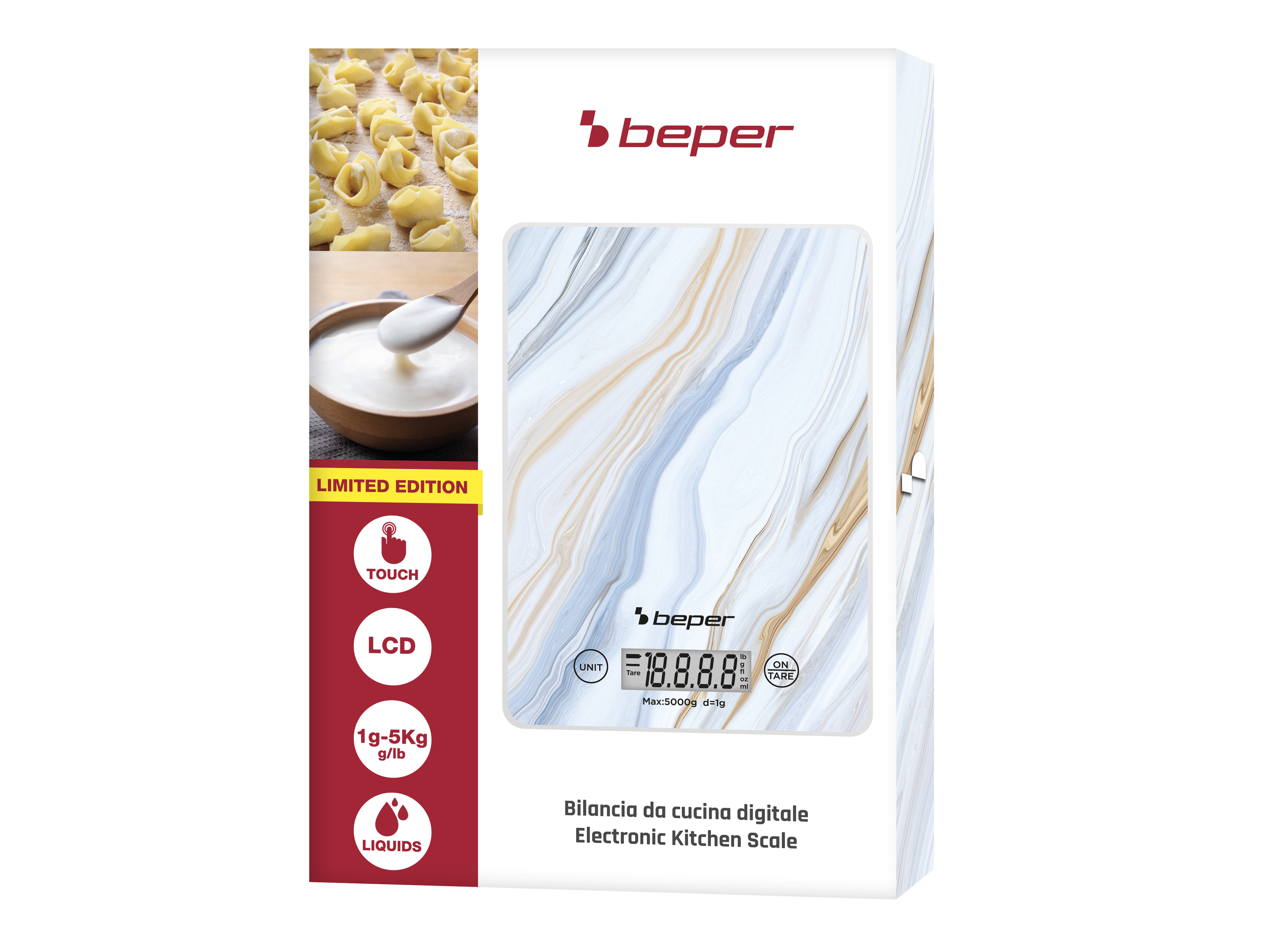 Scatola di una bilancia da cucina con immagini di pasta e crema. Ha uno schermo digitale e il marchio Beper.