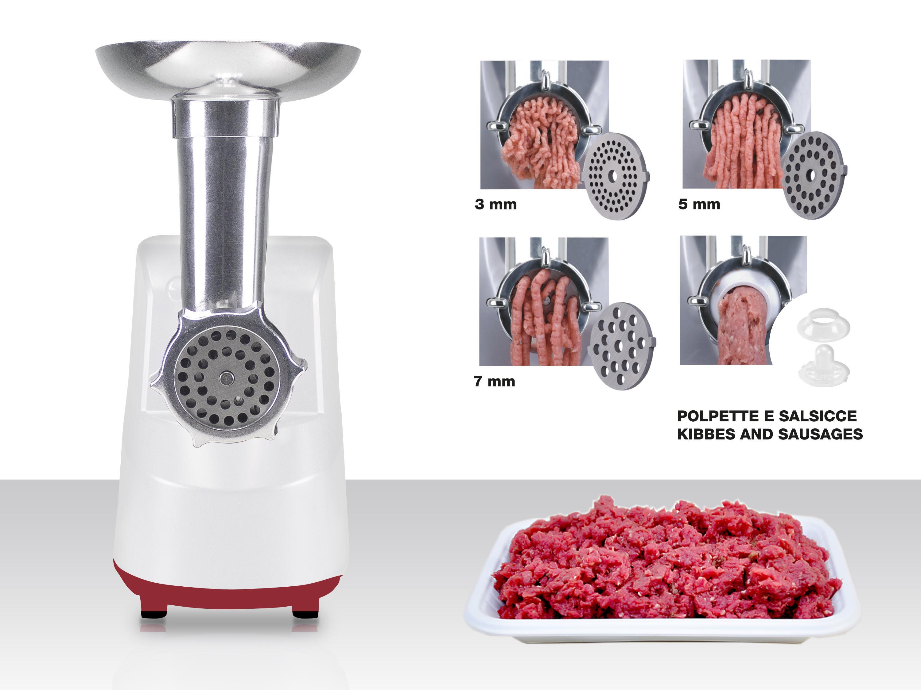 Ein Fleischwolf mit Fleisch, Diagramme mit verschiedenen Mahlgrößen und eine Schale mit Hackfleisch.