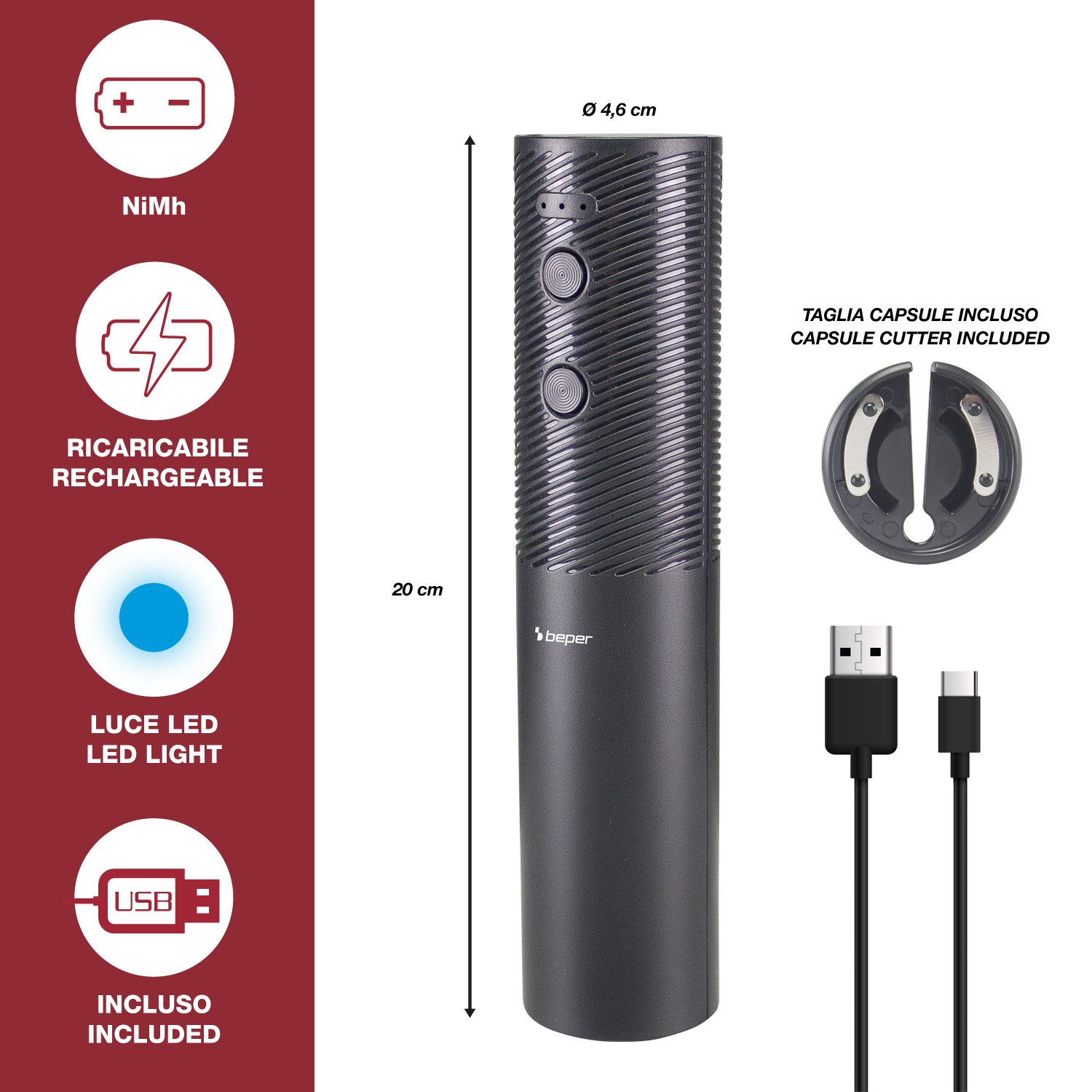 Un cavatappi elettrico nero con taglia capsule e due cavi USB. Vengono visualizzate anche specifiche e caratteristiche.