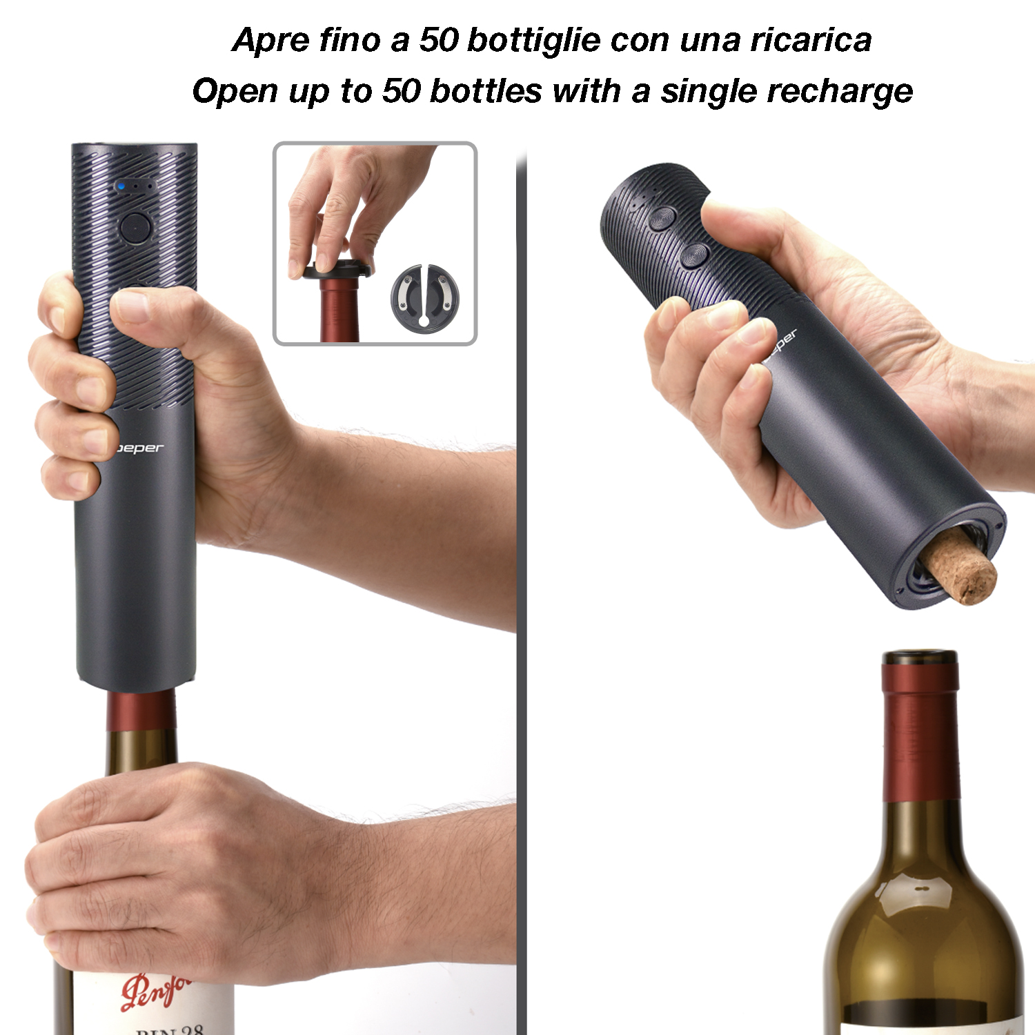 L'immagine mostra un apribottiglie elettrico in uso. Una mano tiene l'apribottiglie sopra una bottiglia di vino. Piccola riquadratura mostra il tappo e l'apribottiglie.