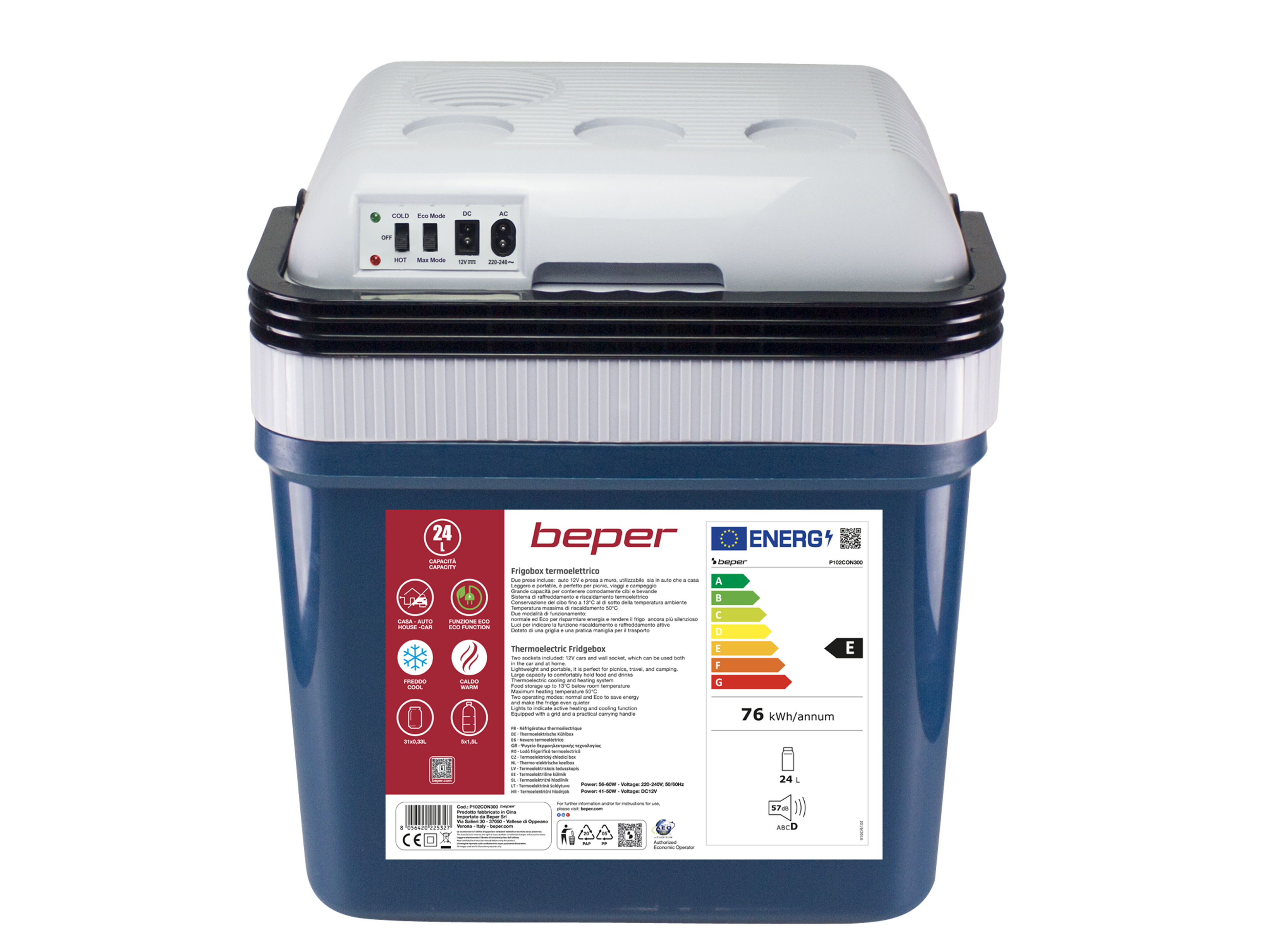 Frigorifero termoelettrico blu e bianco con etichette e pulsanti.