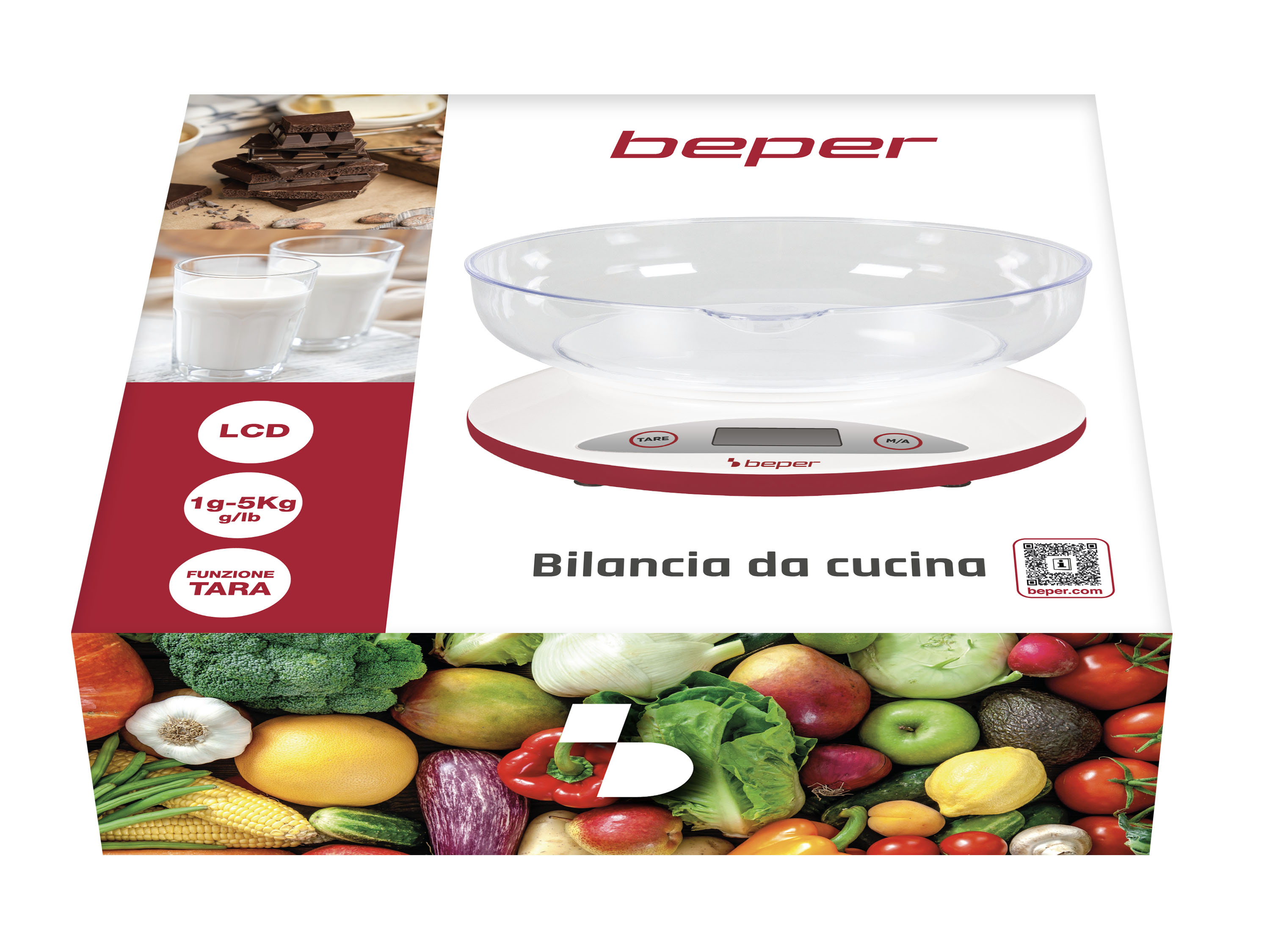 Bilancia da cucina con ciotola, testo 'beper' e display. Sotto, sono mostrati vari frutti e verdure.
