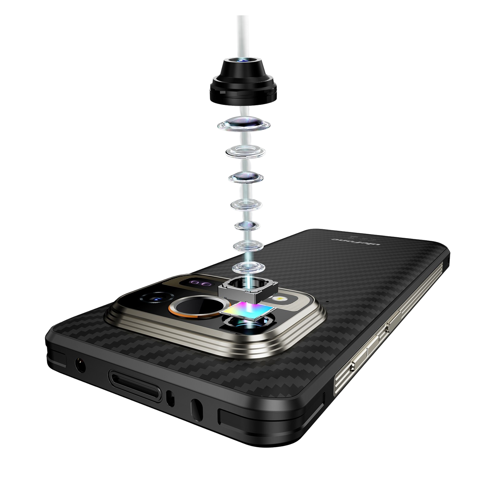 Telefon z tyłem z włókna węglowego, oddzielnymi obiektywami aparatu i zespołem obiektywów powyżej. Czarno-srebrny design.