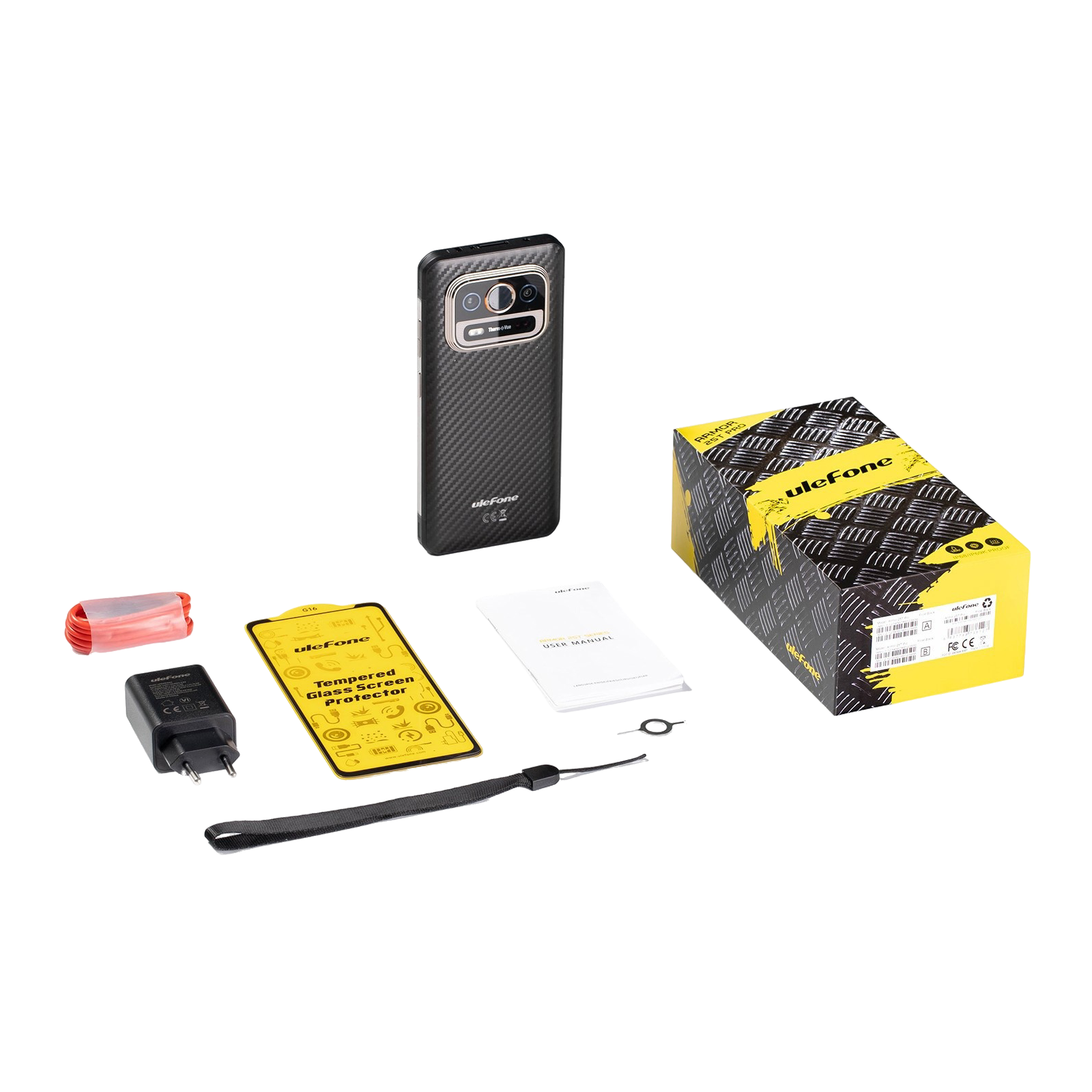 Smartfon, akcesoria i pudełko ułożone na białej powierzchni. Telefon ma tył z włókna węglowego.