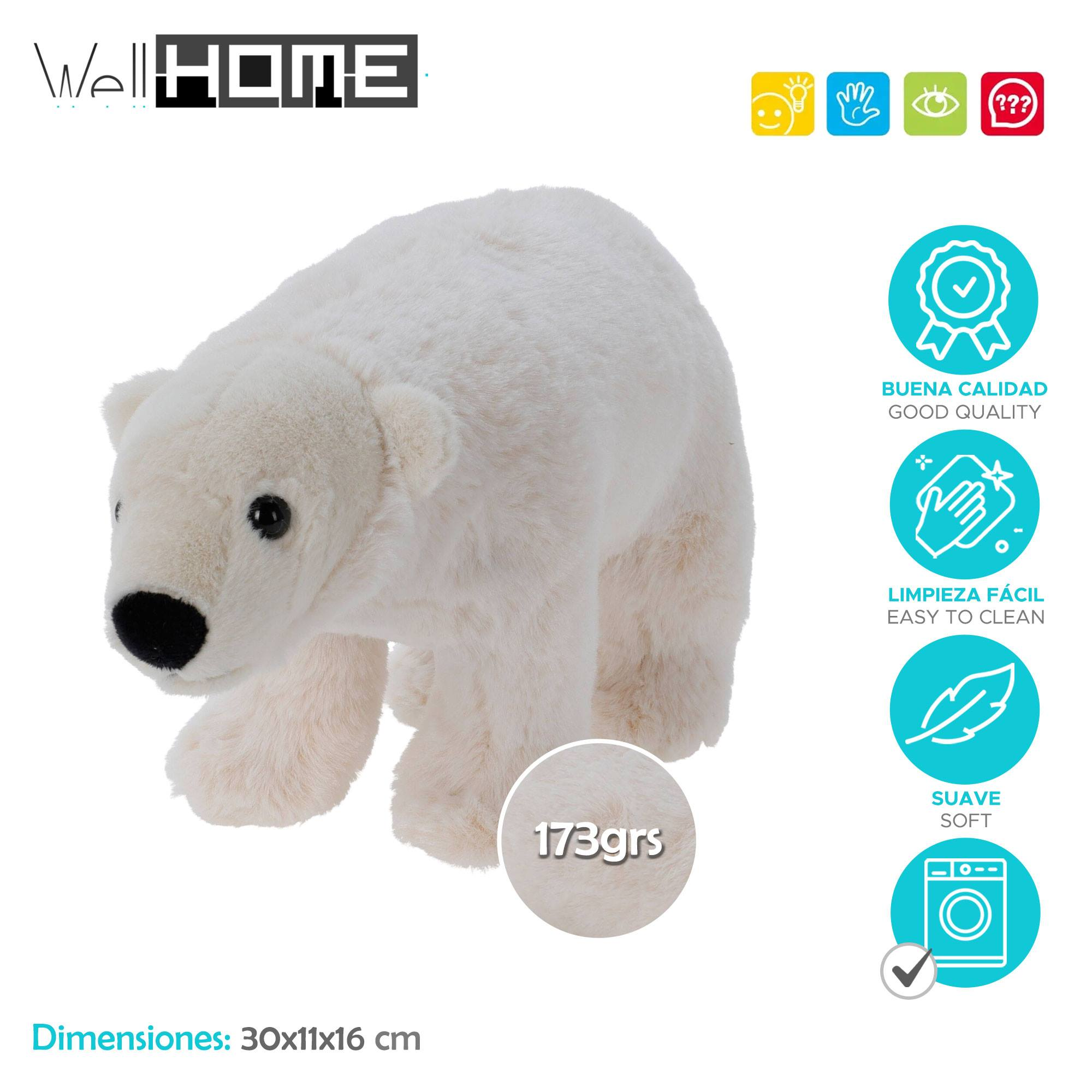 Un peluche de oso polar blanco. Tiene nariz y ojos negros. El texto indica dimensiones y peso.