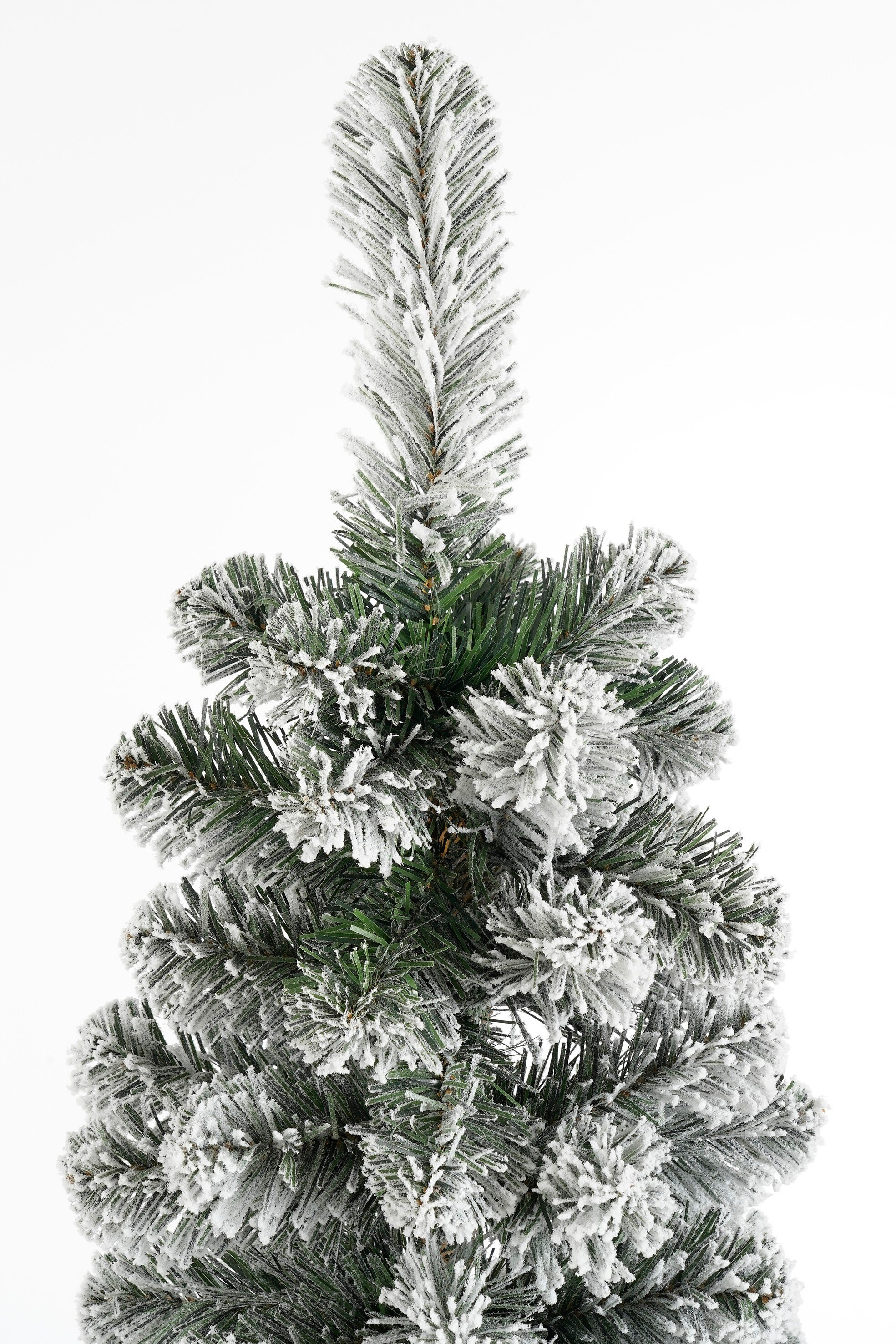 Gros plan sur un sapin de Noël givré. Les aiguilles vertes sont recouvertes de givre blanc sur fond blanc.