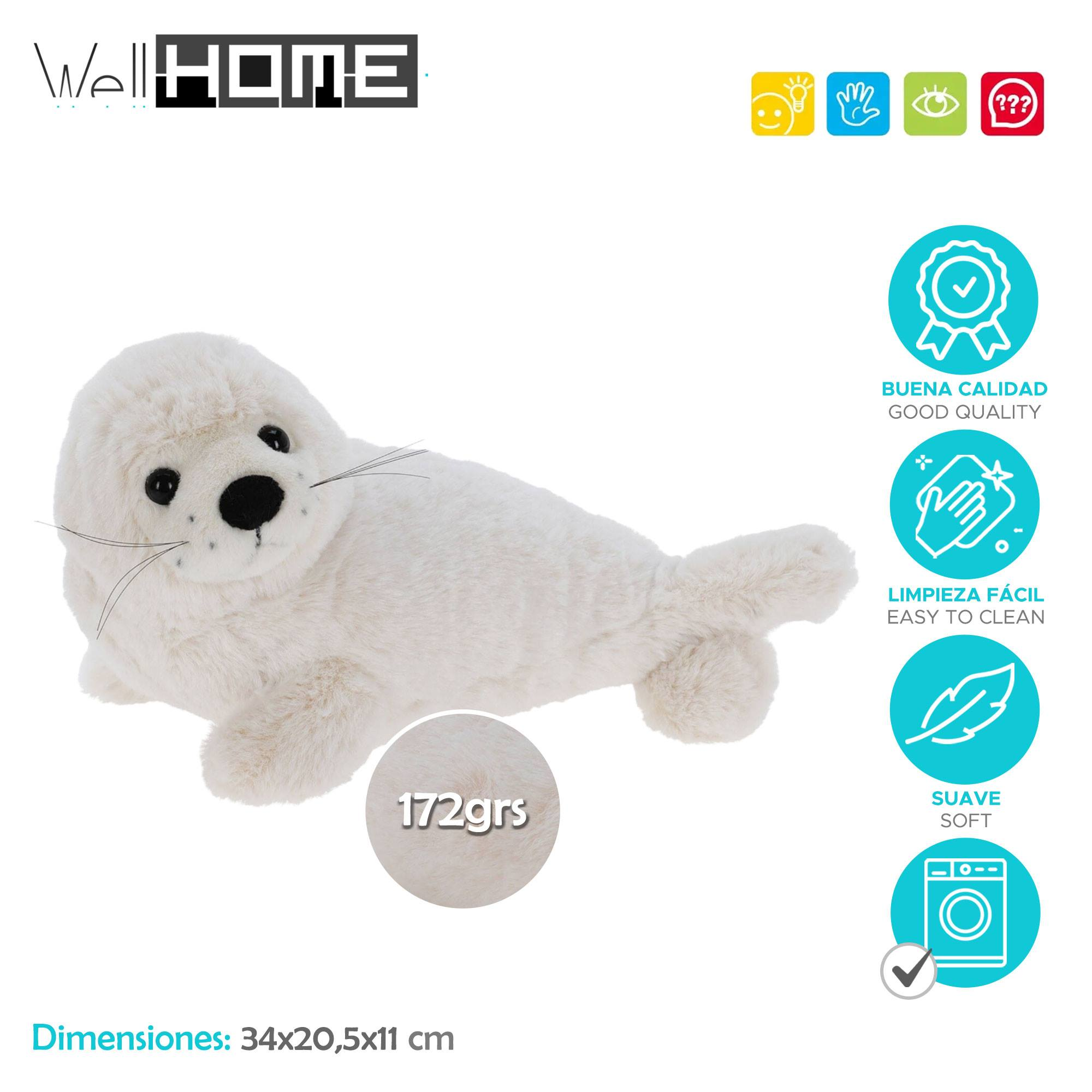 Un juguete de foca de peluche blanco. Tiene nariz y ojos negros. El texto incluye 'Buena Calidad' y 'Easy to clean'.