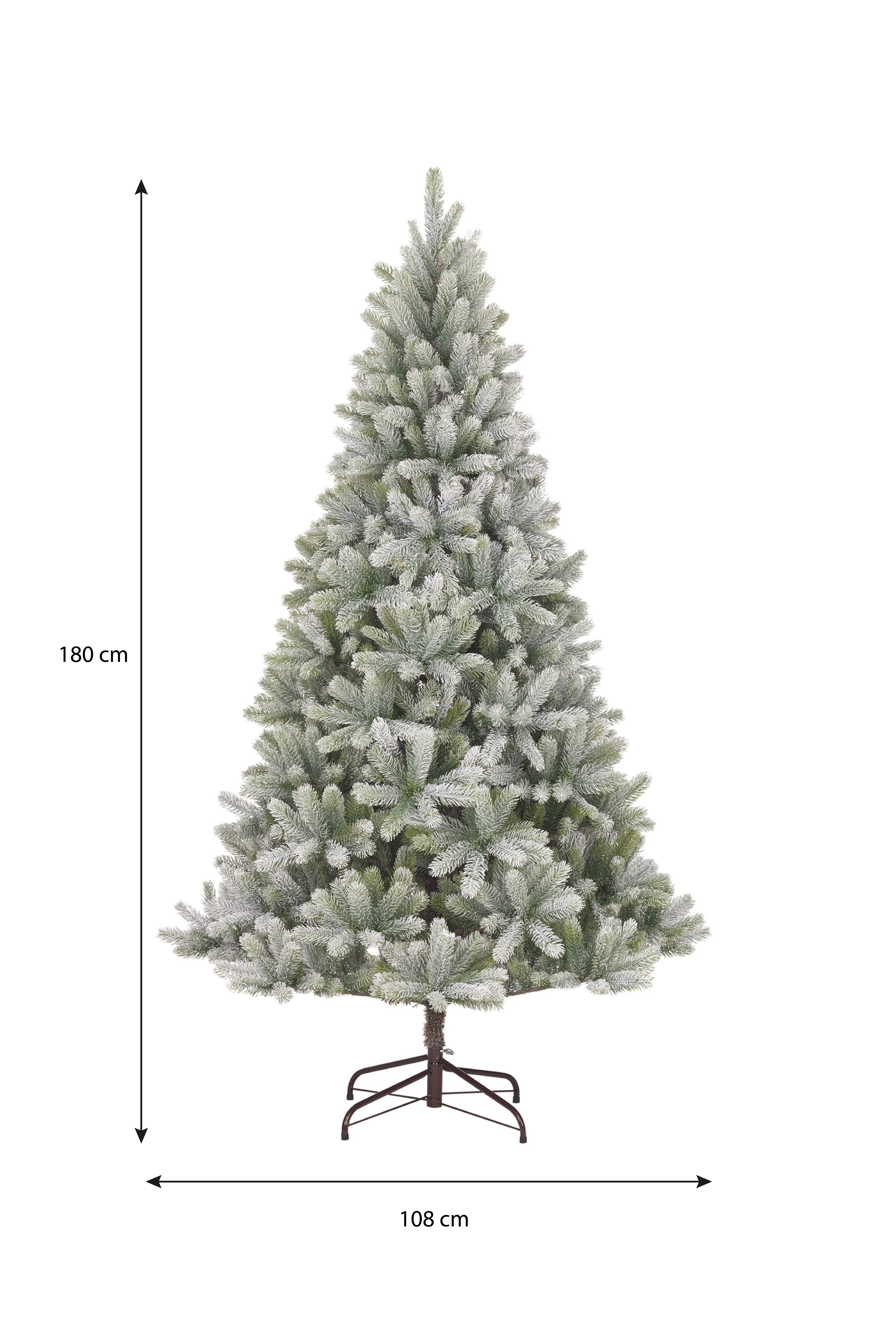 Un sapin de Noël floqué sur fond blanc. Il mesure 180 cm de haut et 108 cm de large.