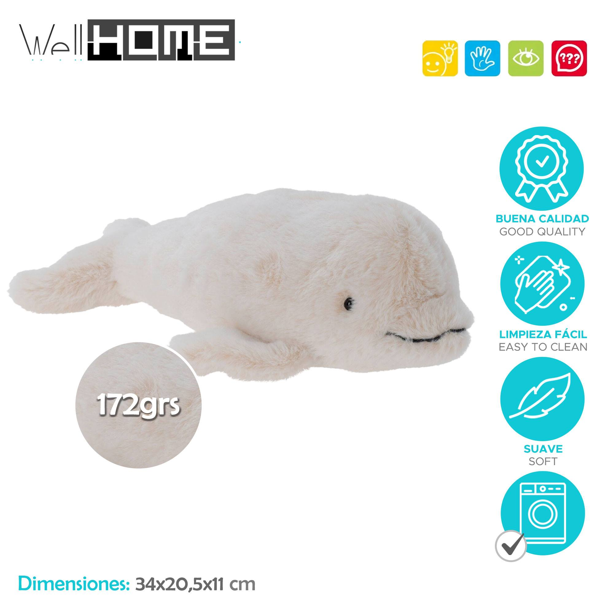 Un juguete de peluche blanco con forma de ballena. Tiene forma redonda y una carita. Texto: 172grs, dimensiones 34x20,5x11 cm.