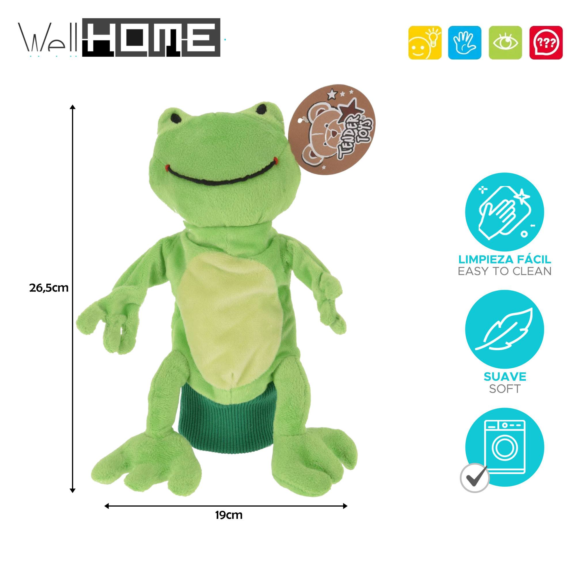 Un juguete de rana verde con vientre verde claro. Tiene una etiqueta Tender Toys y dimensiones. Fácil de limpiar.
