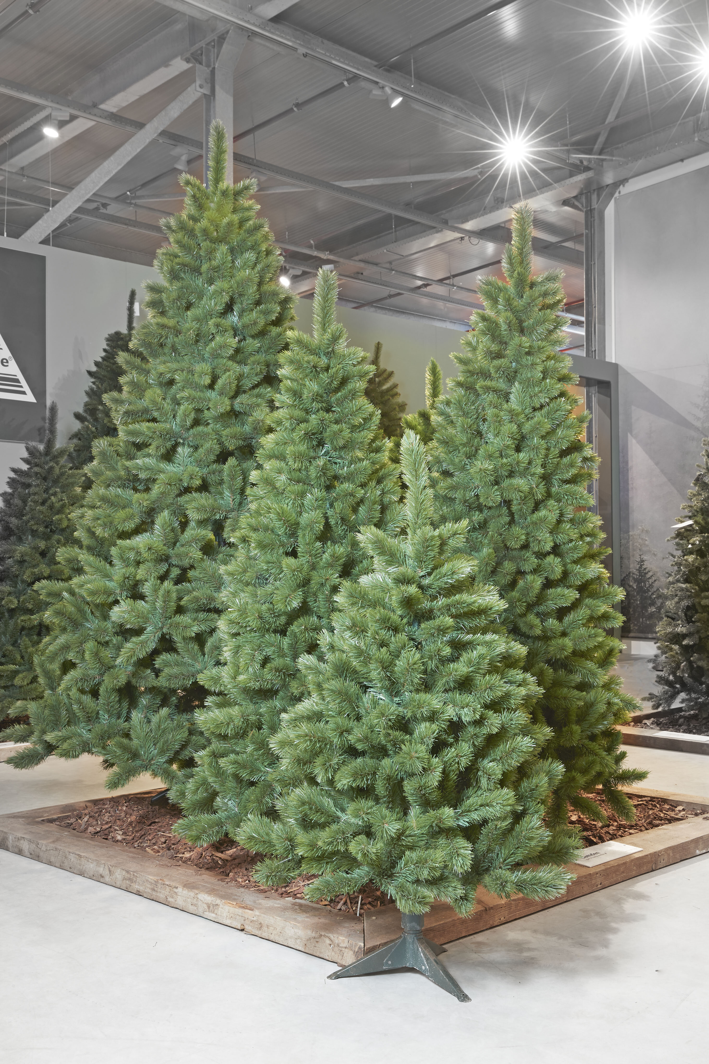 Plusieurs sapins de Noël artificiels verts sont exposés à l'intérieur. Ils reposent sur une base en bois avec des copeaux.