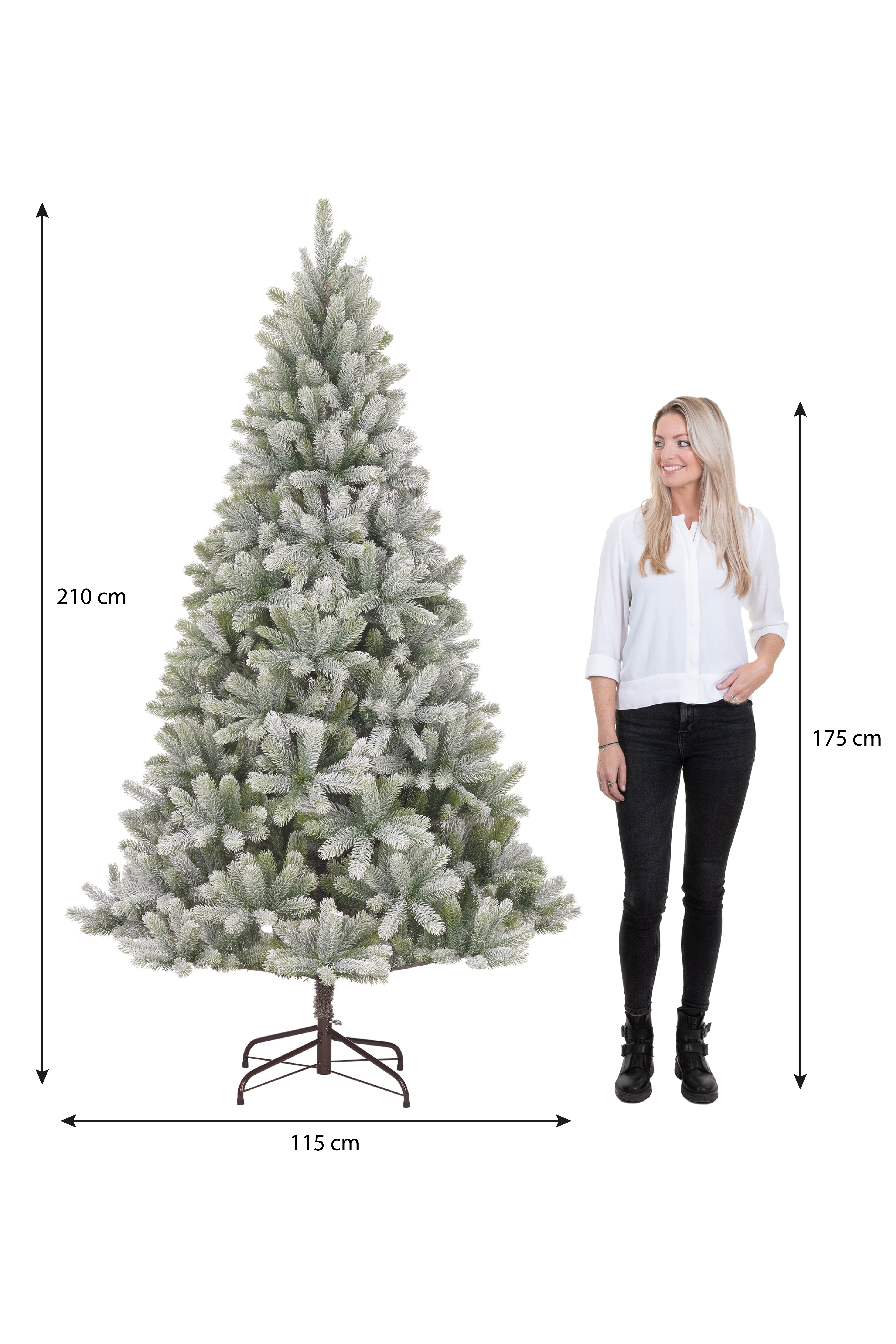 Une femme se tient à côté d'un grand sapin de Noël. L'arbre mesure 210 cm, la femme mesure 175 cm.