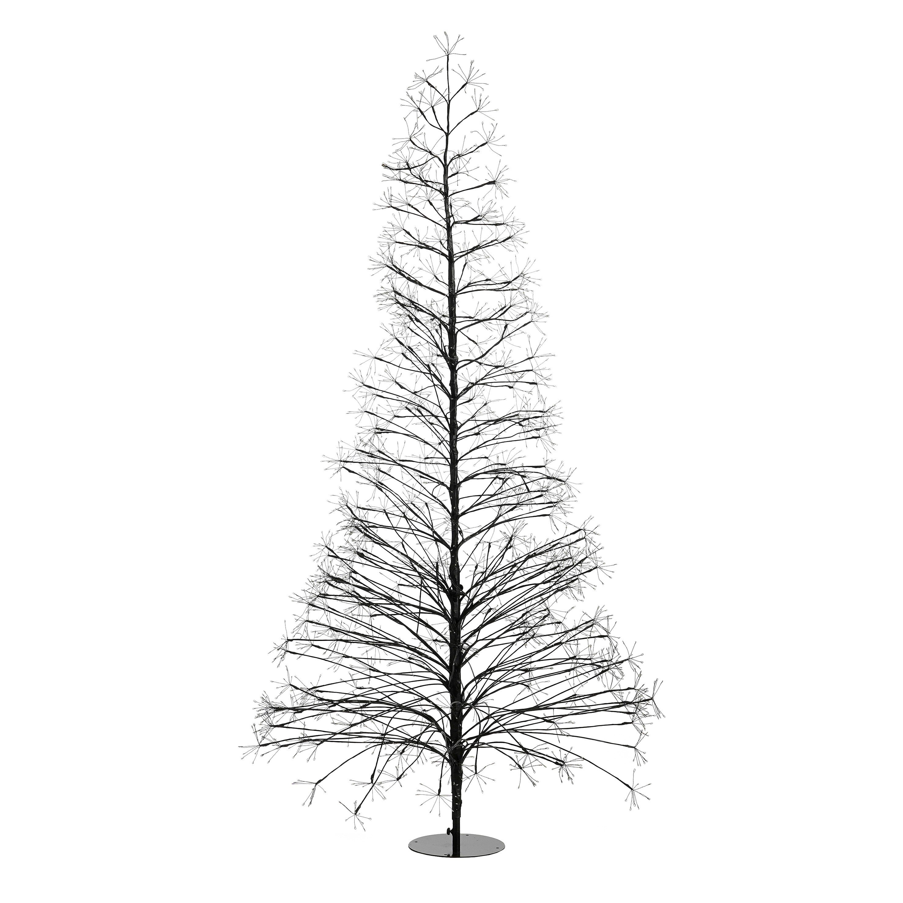 Un arbre décoratif en métal noir avec des branches clairsemées et des pointes en forme d'étoile. Il repose sur une base ronde en métal.
