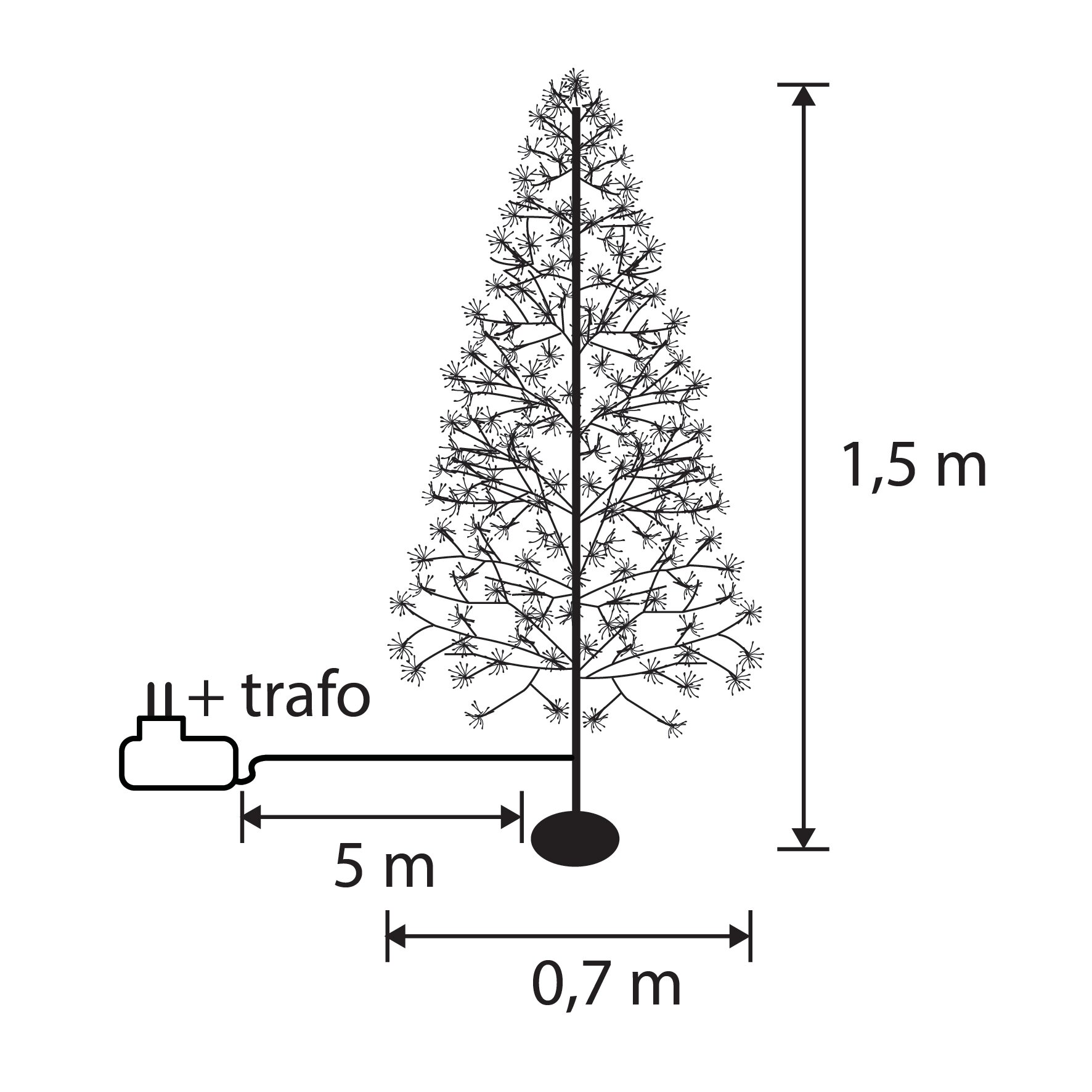 Schéma d'une lumière décorative en forme d'arbre. Comprend un transformateur, dimensions 1,5 m de haut et 0,7 m de large.