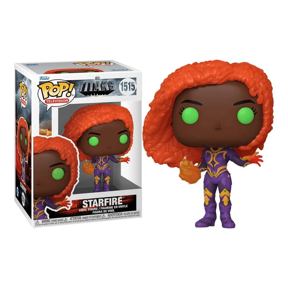 Una figura de vinilo Starfire Funko Pop. Está en una caja con una imagen de la figura. La figura tiene pelo naranja, ojos verdes y un traje morado.