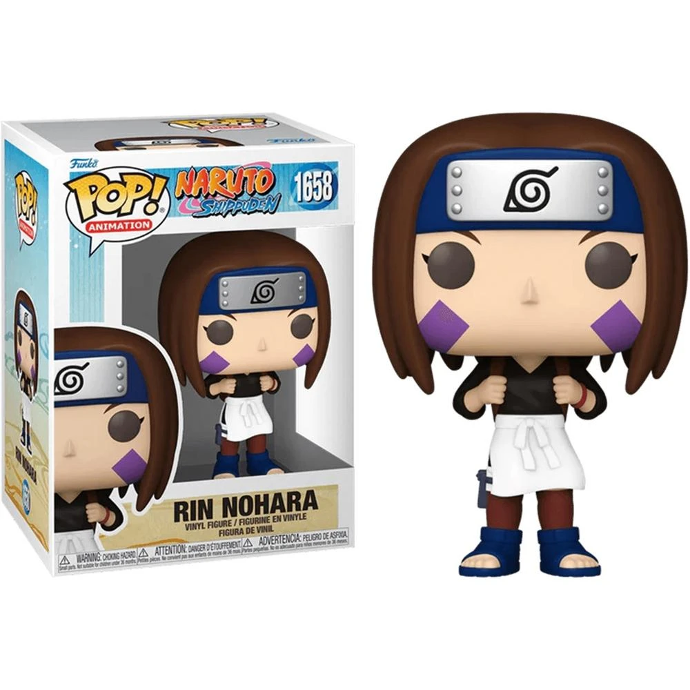 Una figura Funko Pop de Rin Nohara. Tiene cabello castaño, una diadema azul, marcas moradas en las mejillas y un delantal blanco. La figura está junto a su caja.