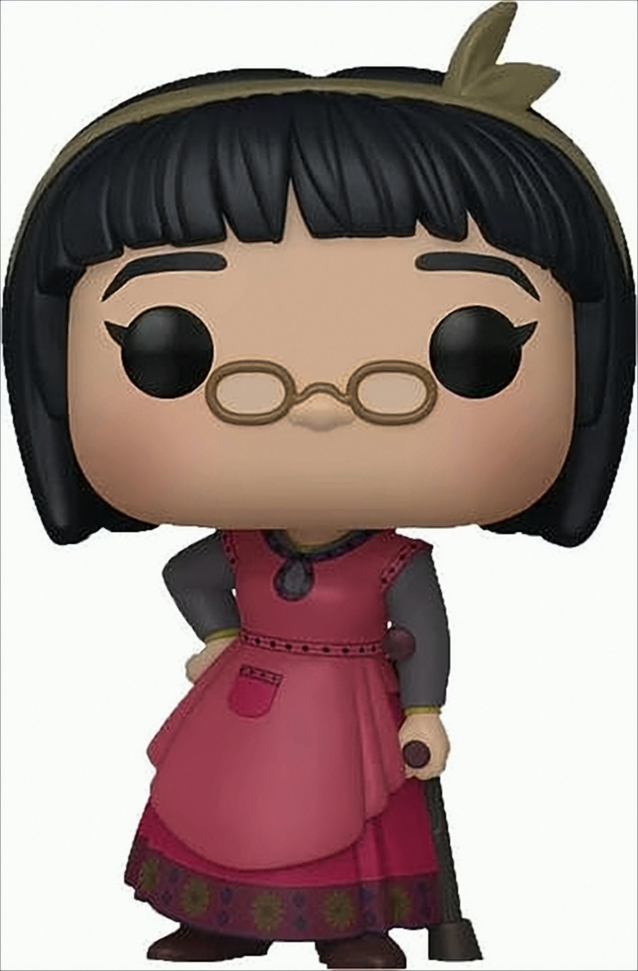 Una figura de Funko Pop de una mujer con un vestido rojo, gafas y un tocado. Sostiene un bastón. Pelo y ojos negros.