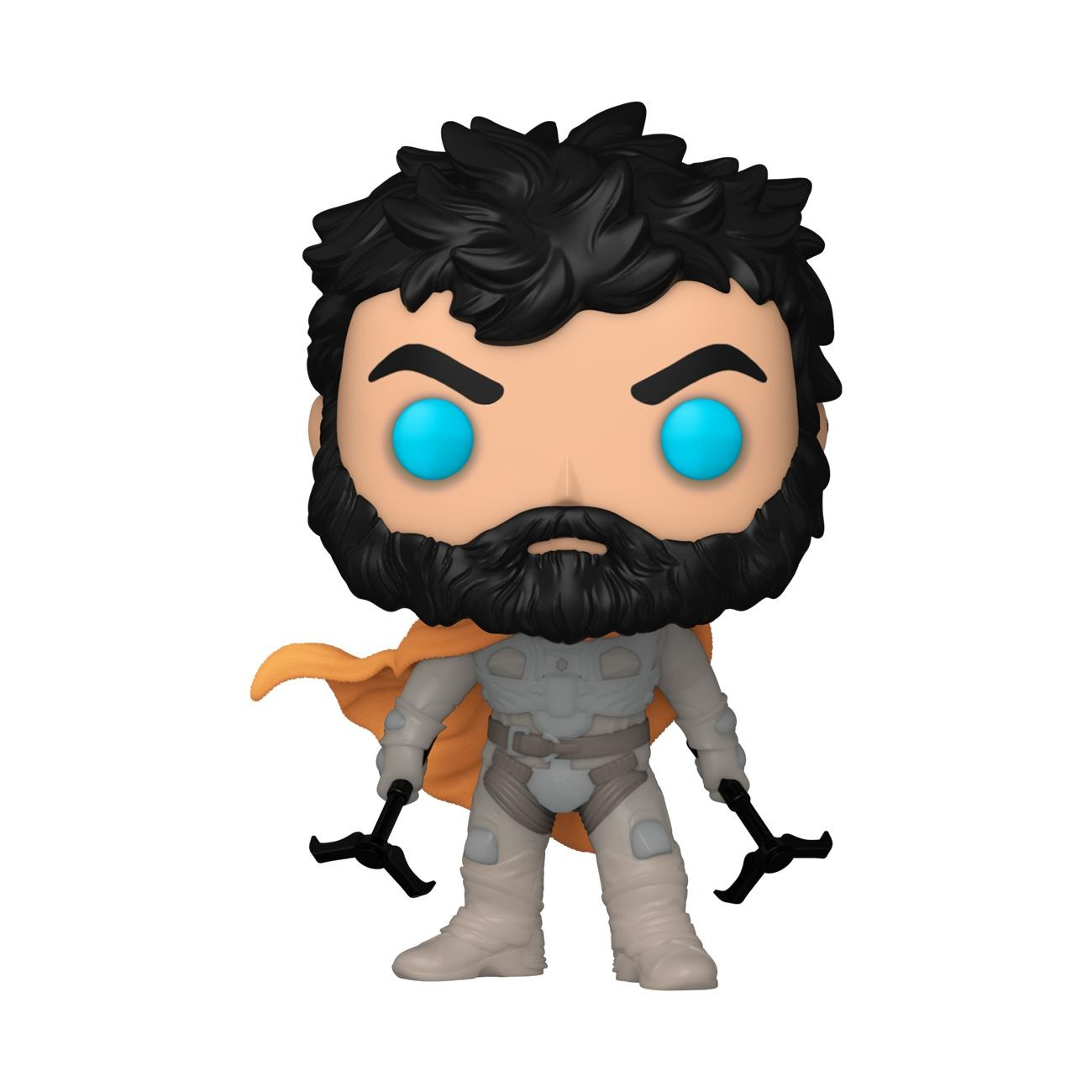 Una statuetta Funko Pop. Raffigura un uomo con barba e capelli neri, occhi blu, che indossa un abito grigio e un mantello arancione.
