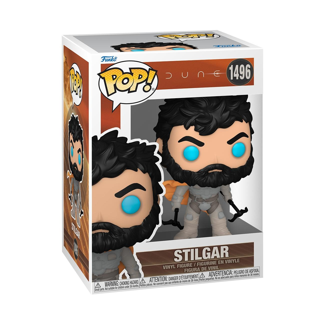 Scatola Funko Pop con la figura di Stilgar di Dune. La figura ha barba nera, occhi blu e indossa un abito bianco. La scatola è bianca.