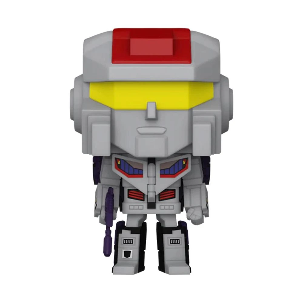 Un juguete de robot gris con acentos rojos, amarillos y azules. Tiene una cabeza cuadrada, una visera y un arma morada. Se encuentra sobre un fondo blanco.
