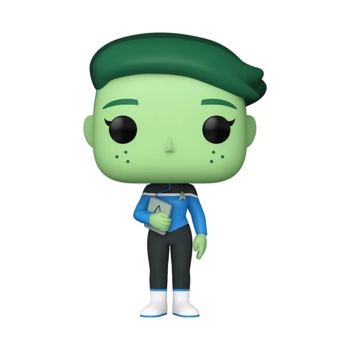 Una figura Funko Pop de un alienígena de piel verde con pelo oscuro, vistiendo un uniforme azul y sosteniendo una tableta. Fondo blanco.