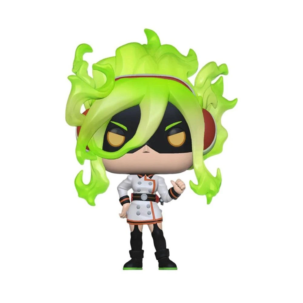 Figura Funko Pop con cabello verde en forma de llama, máscara negra, uniforme blanco con ribetes naranjas y botas negras.