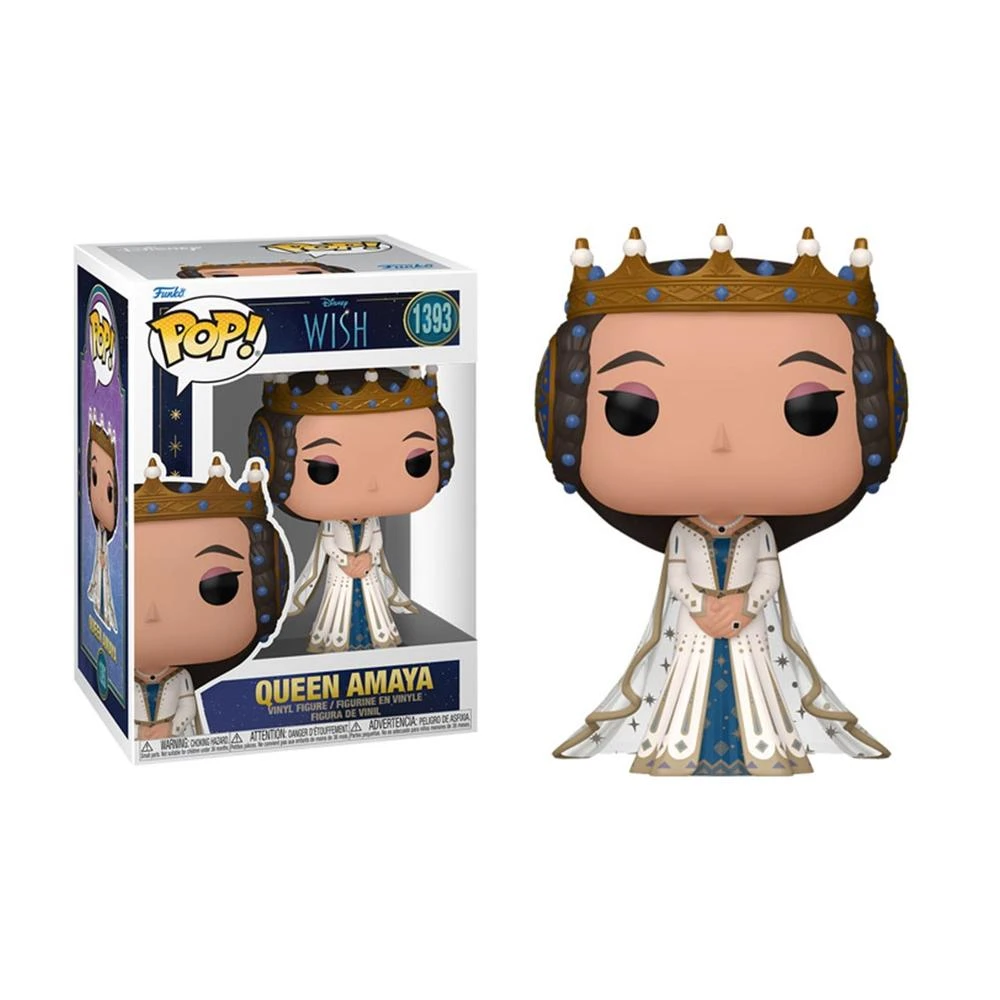 Una figura Funko Pop de la Reina Amaya de Wish, con corona y vestido blanco. La caja es visible.