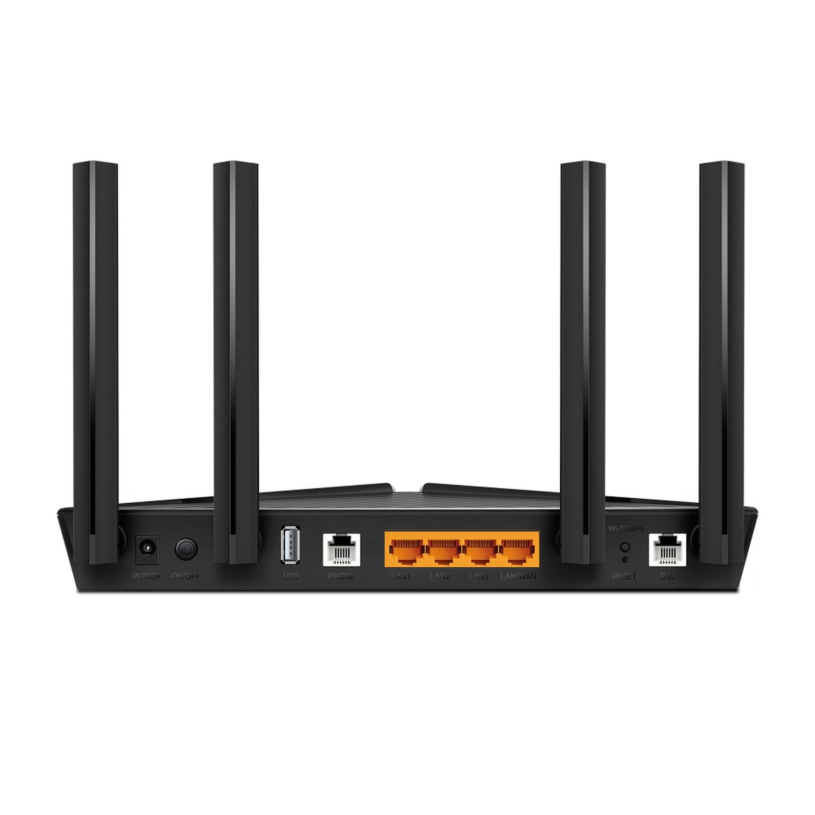 Router TP-Link nero con quattro antenne, porte di alimentazione e LAN e varie opzioni di connessione.