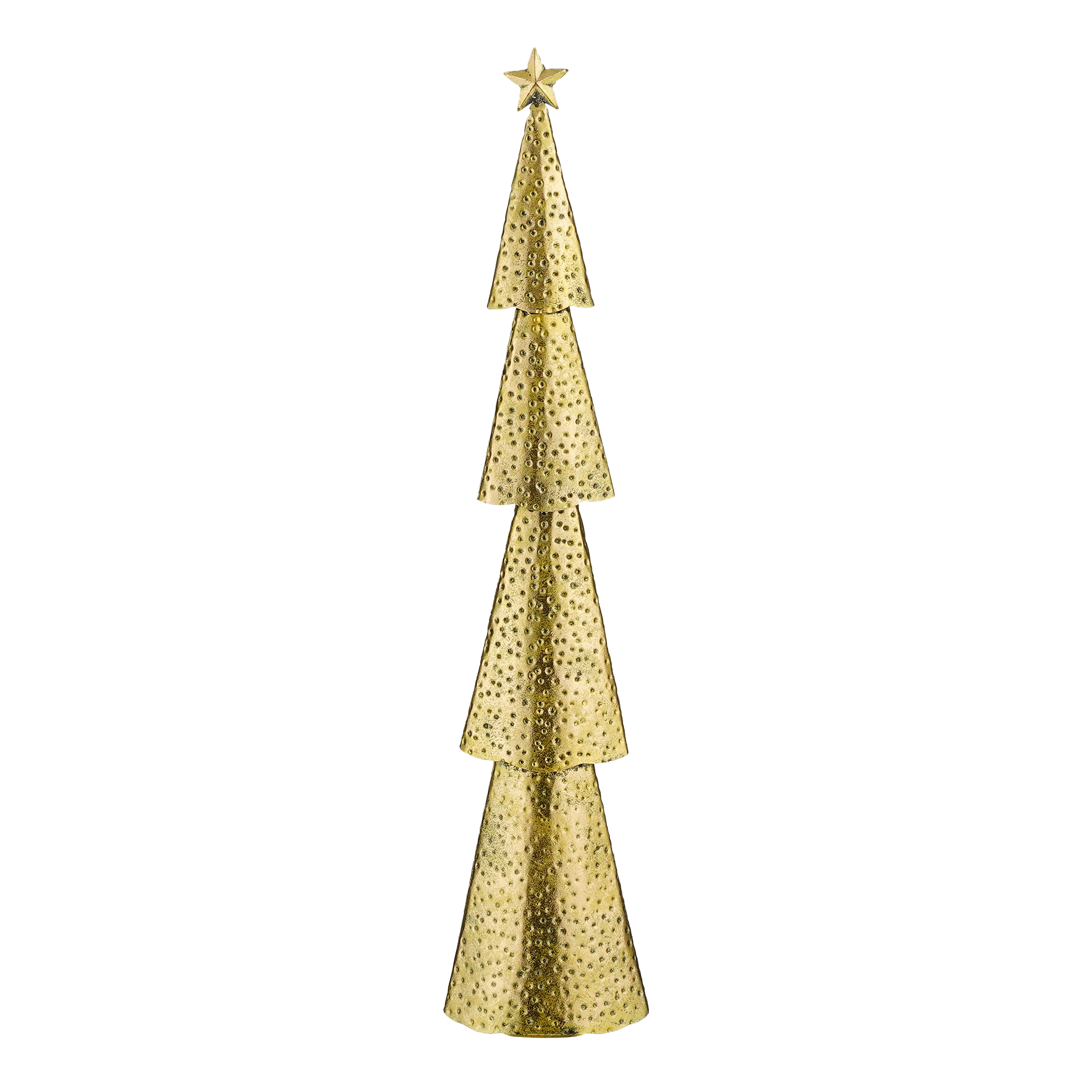 Un sapin de Noël doré en métal avec une étoile au sommet. L'arbre est fait de cônes superposés sur fond noir.