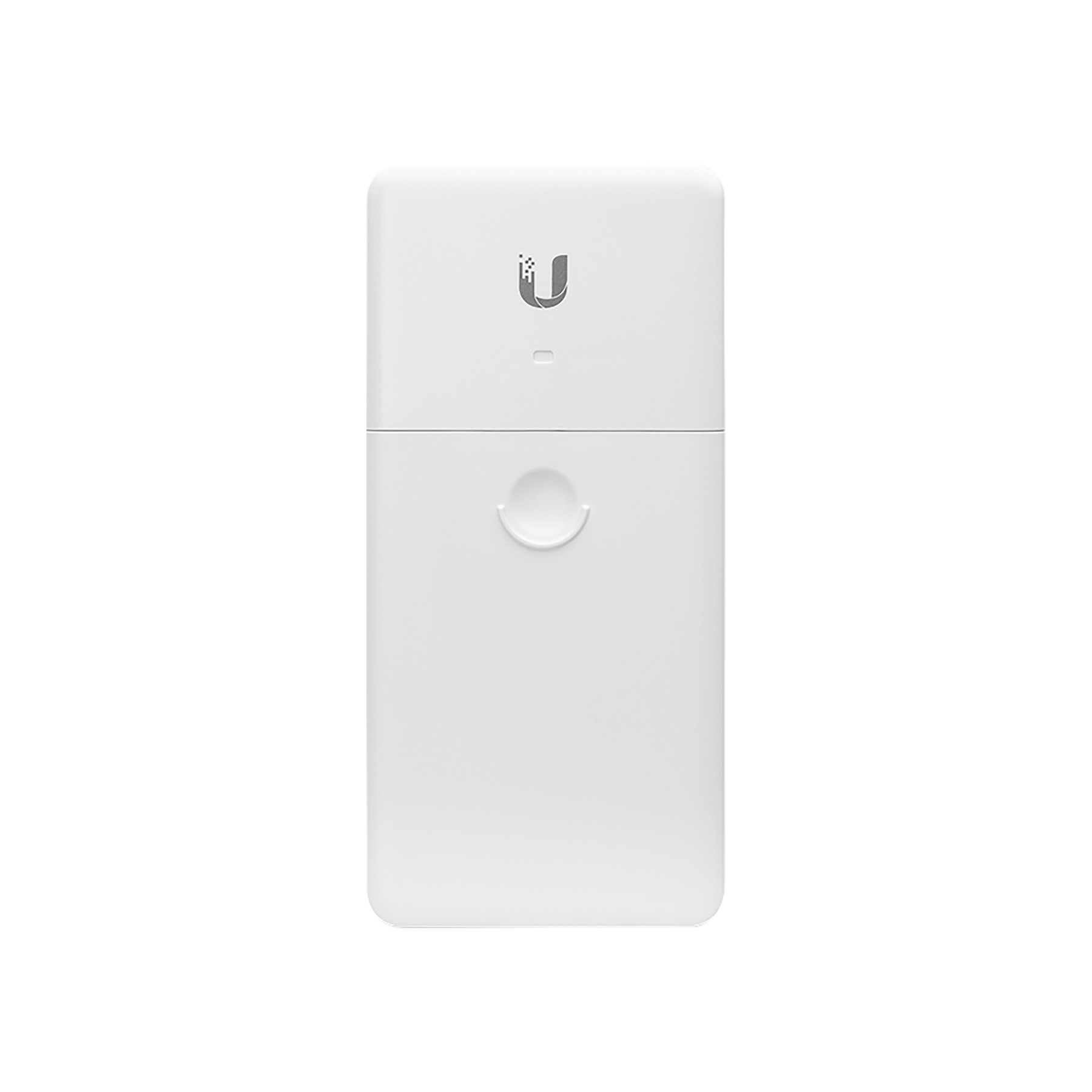 Białe prostokątne urządzenie z logo U na górze i okrągłym przyciskiem. Ma gładkie tło.