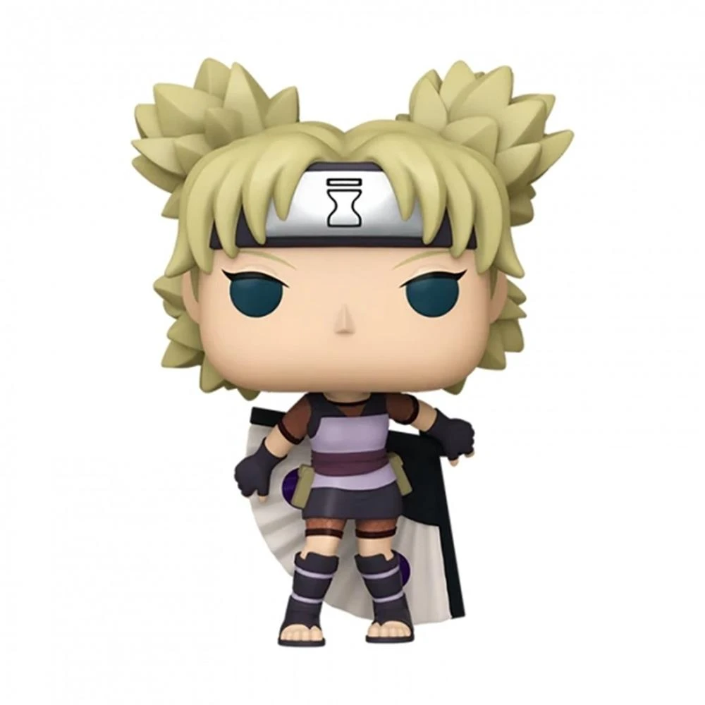 Una figura Funko Pop de Temari de Naruto. Tiene el pelo rubio en dos moños, una diadema y un atuendo morado. Sostiene un abanico.