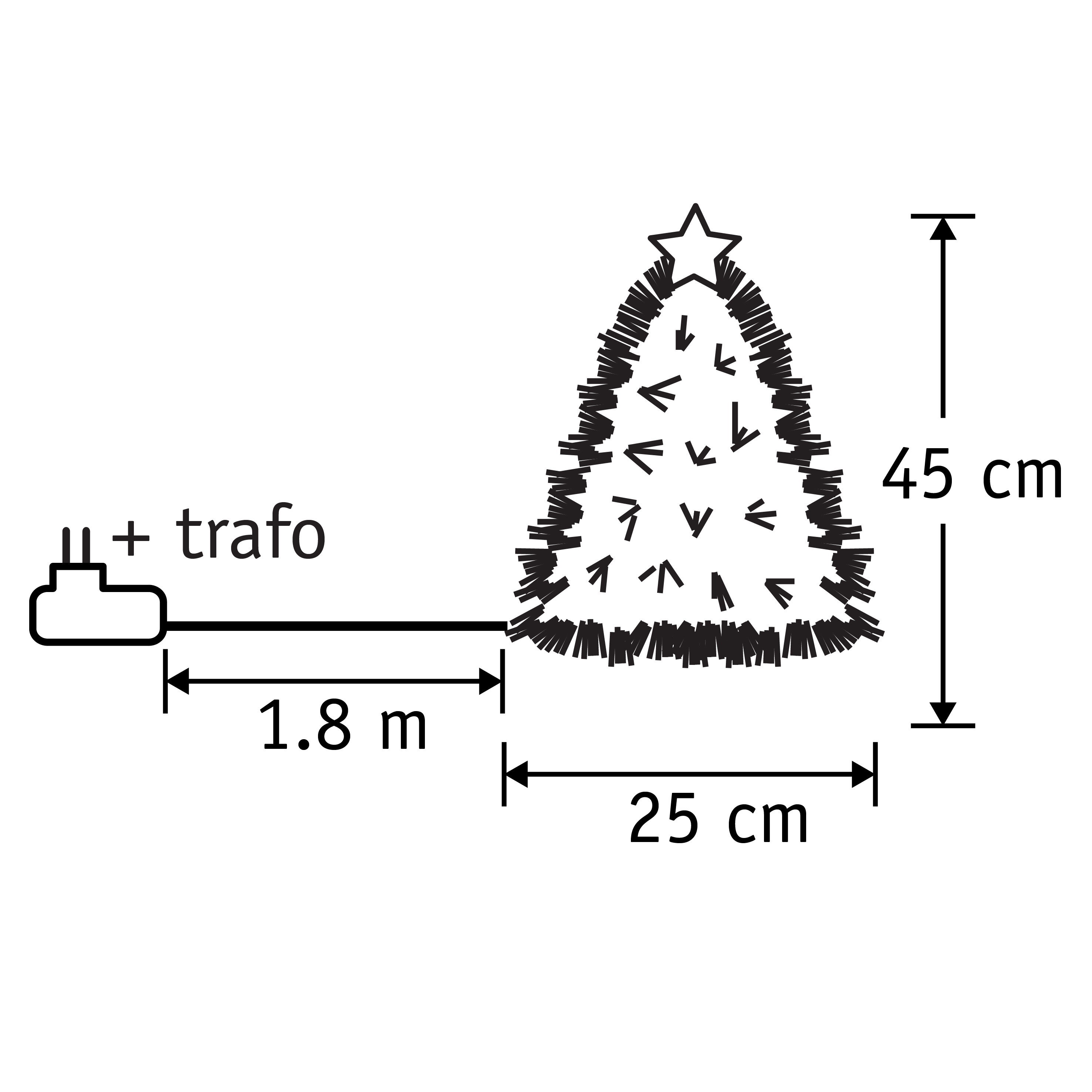 Un schéma d'un arbre de Noël avec des dimensions. Il comprend une prise, un câble et une étoile en haut.