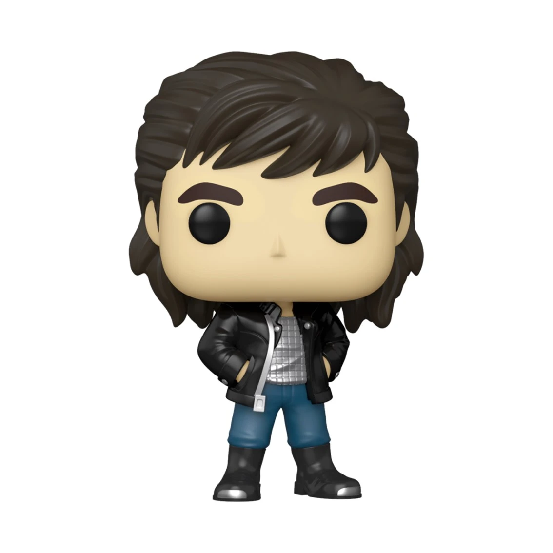 Una figura de Funko Pop. Es un hombre con cabello castaño, que lleva una chaqueta negra, vaqueros azules y botas negras, con las manos en los bolsillos.