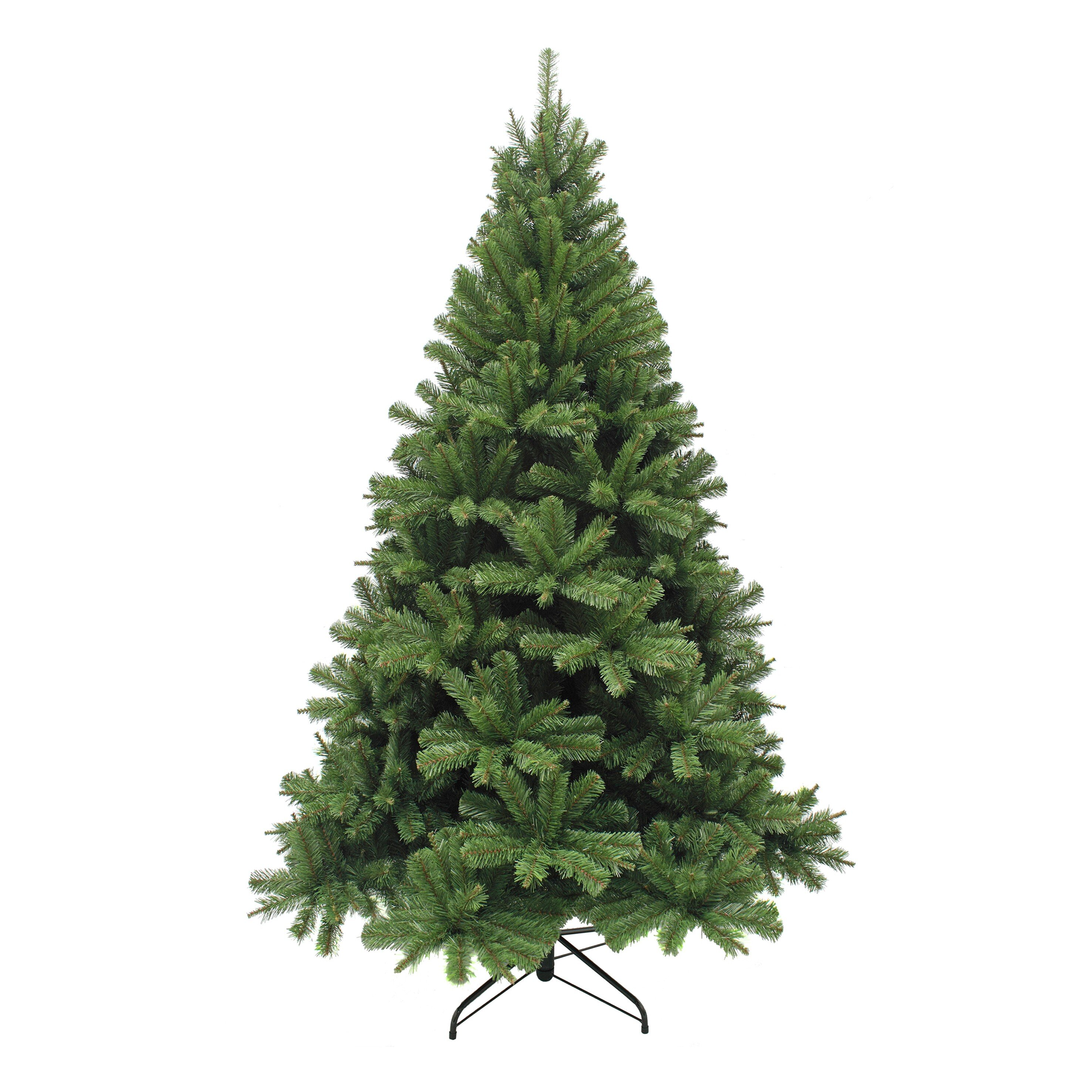 Un sapin de Noël artificiel vert sur fond blanc. L'arbre a un support en métal noir.
