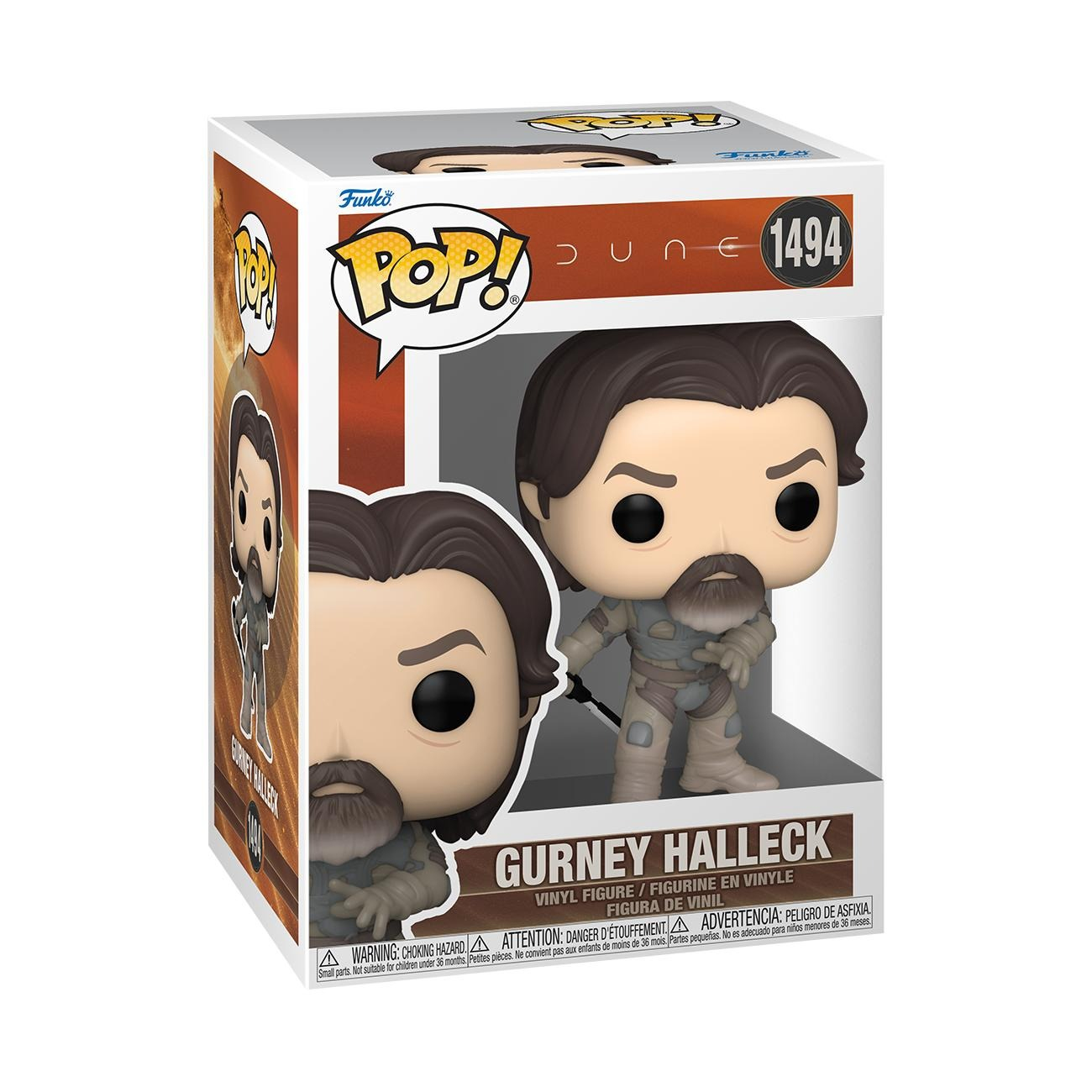 Una scatola Funko Pop con Gurney Halleck. La figura ha la barba e indossa un abito di Dune. La scatola ha il logo Pop!.