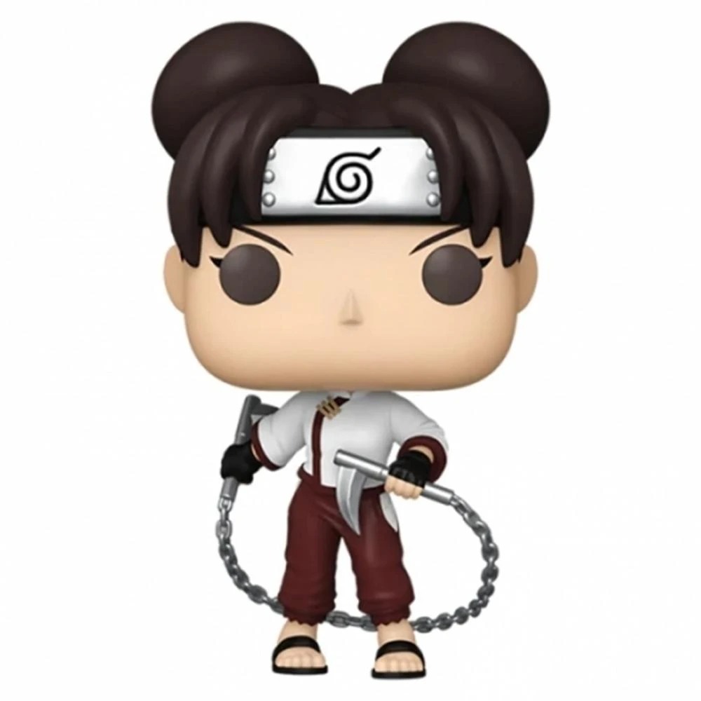 Una figura Funko Pop de Tenten. Viste camisa blanca, pantalones granate y una diadema con un símbolo. Sostiene cadenas y armas.
