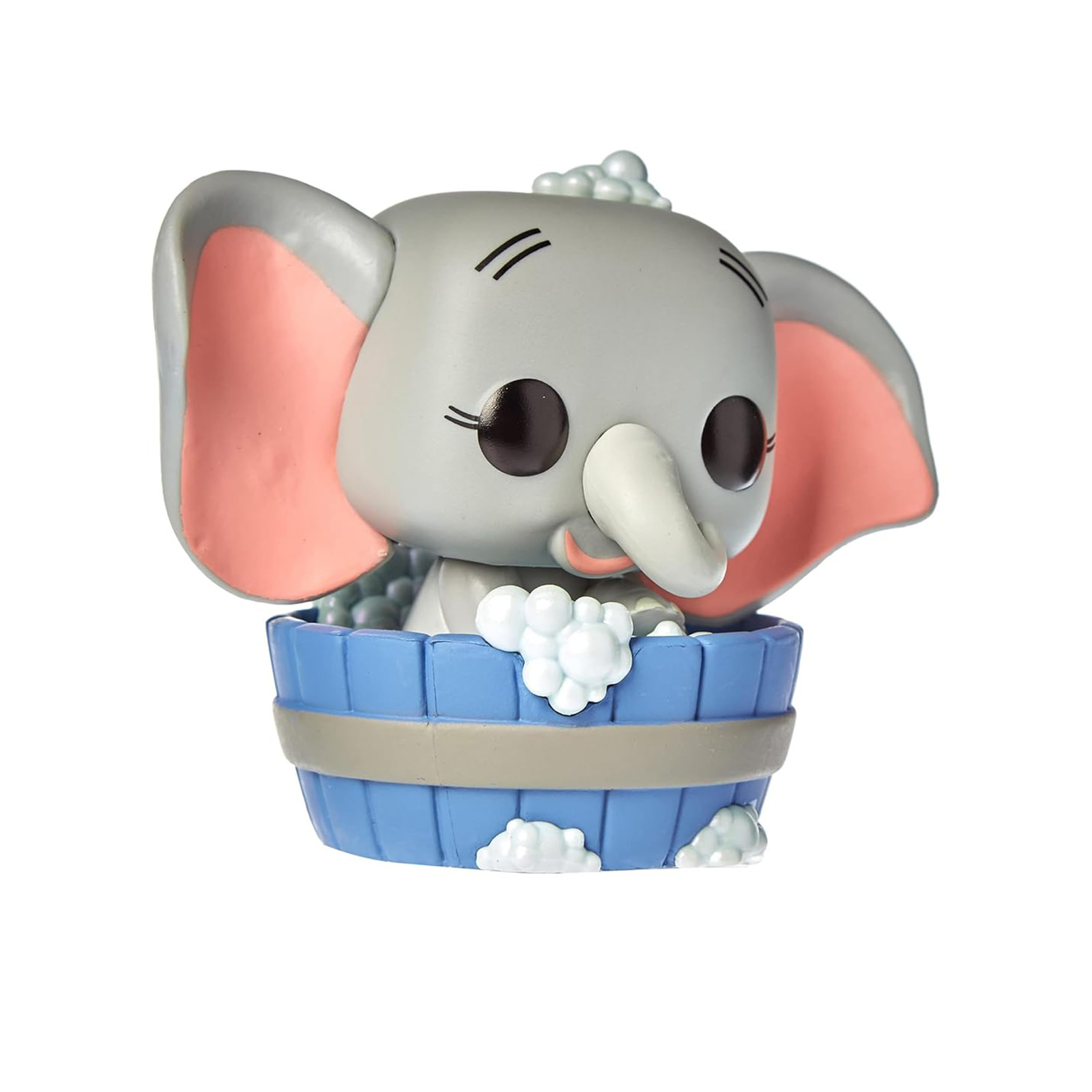 Una figura de elefante gris en una bañera azul con burbujas. El elefante tiene orejas rosas y una trompa blanca. Fondo blanco.