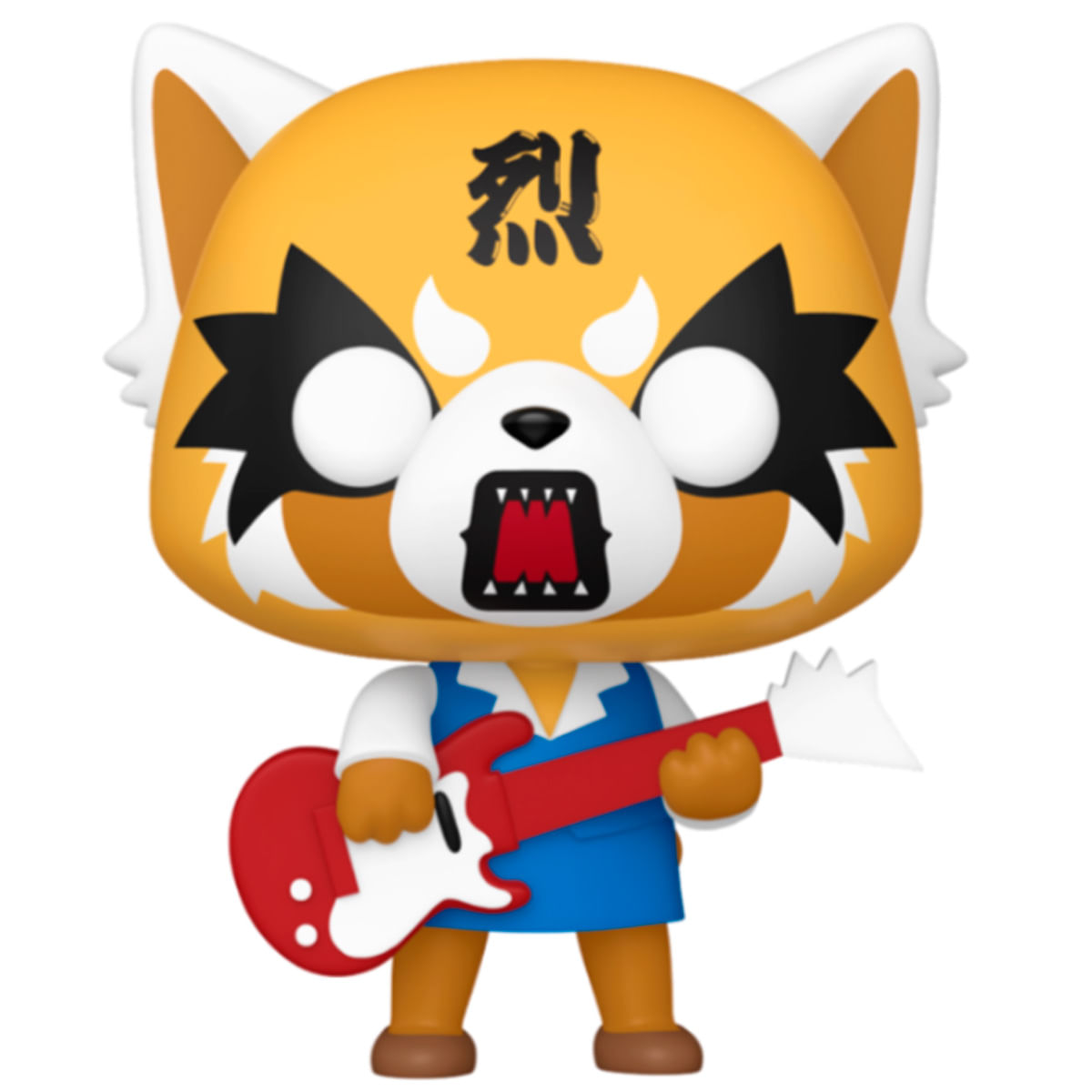 Una figura Funko Pop di un panda rosso con una chitarra. Ha la bocca aperta, indossa un gilet blu e una camicia bianca.