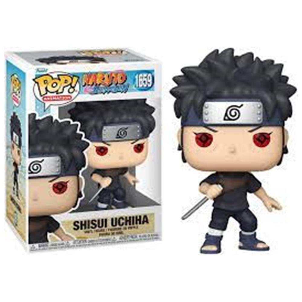 Shisui Uchiha Funko Pop-Figur. Er hat schwarze Haare, ein Stirnband und rote Augen. Er hat auch ein Schwert. Im Hintergrund ist eine Box zu sehen.