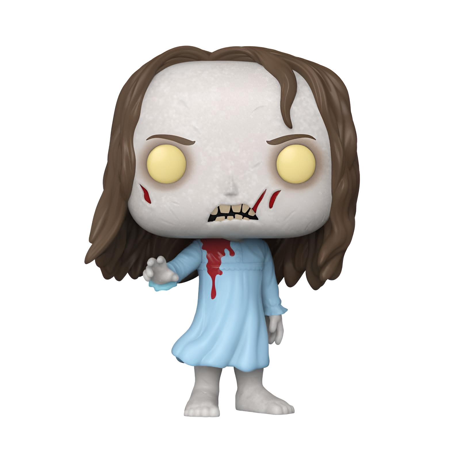 Una figura Funko Pop de una niña poseída. Tiene ojos amarillos, sangre y viste un camisón azul.