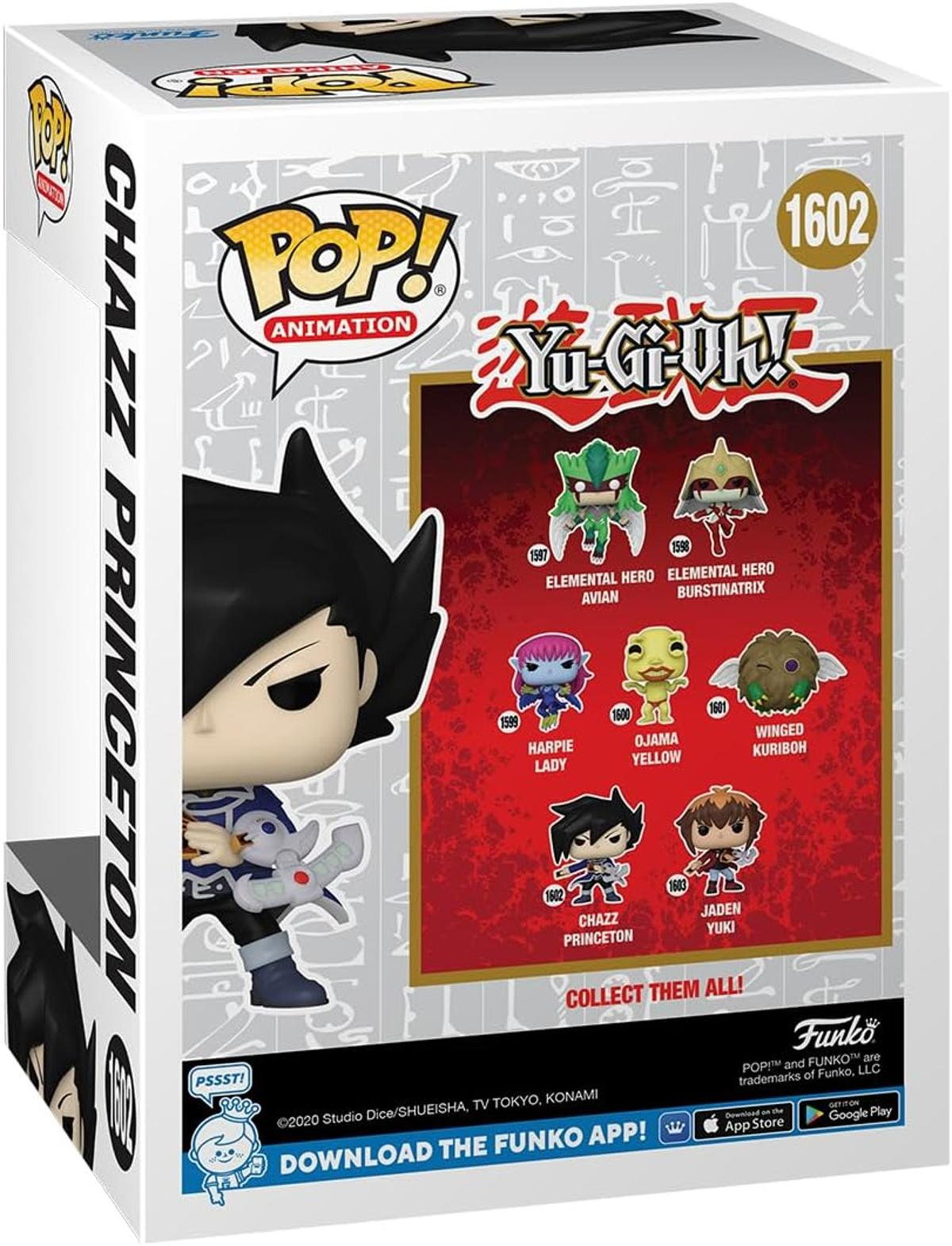 Una caja de Funko Pop con Chazz Princeton. La caja muestra personajes de Yu-Gi-Oh!, incluyendo Elemental Hero Avian y Jaden Yuki.
