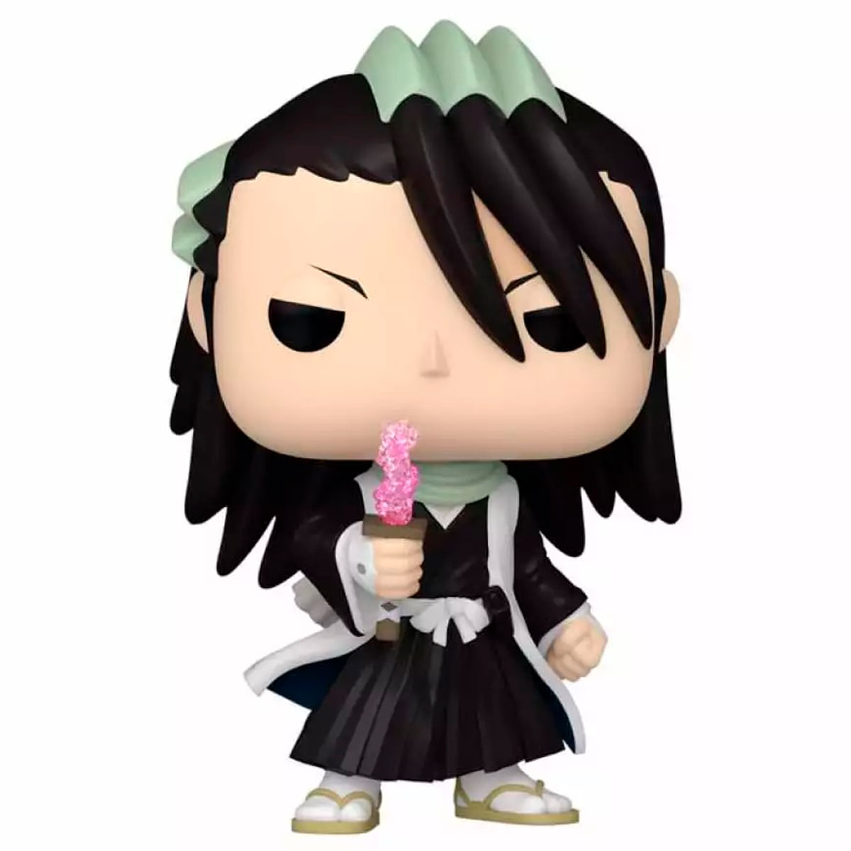 Funko Pop di un personaggio con capelli neri e fascia verde menta, che tiene in mano un oggetto rosa brillante.