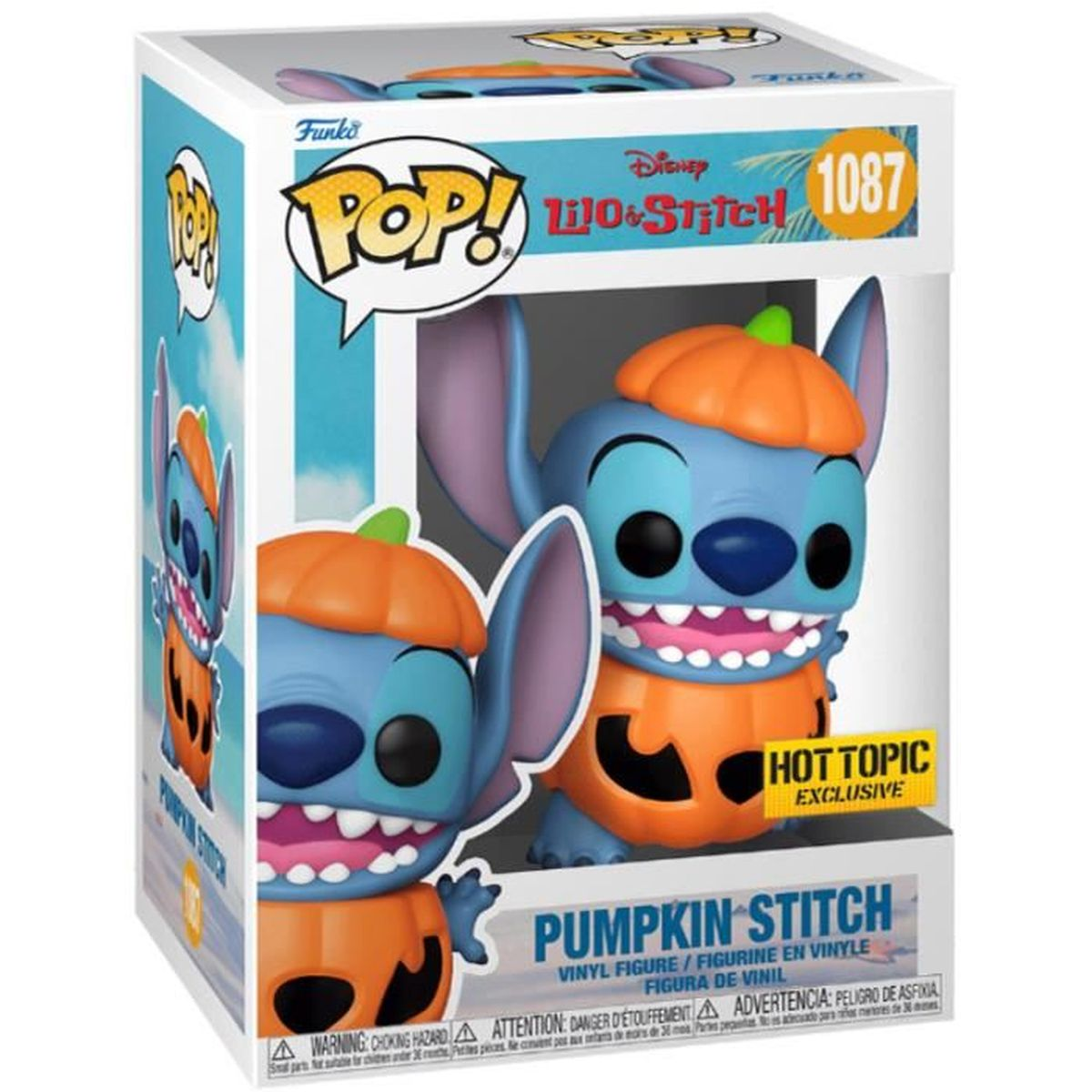 A Funko Pop of Stitch in a pumpkin costume, boxed. It is a Hot Topic exclusive. The box has 'Lilo & Stitch' branding.