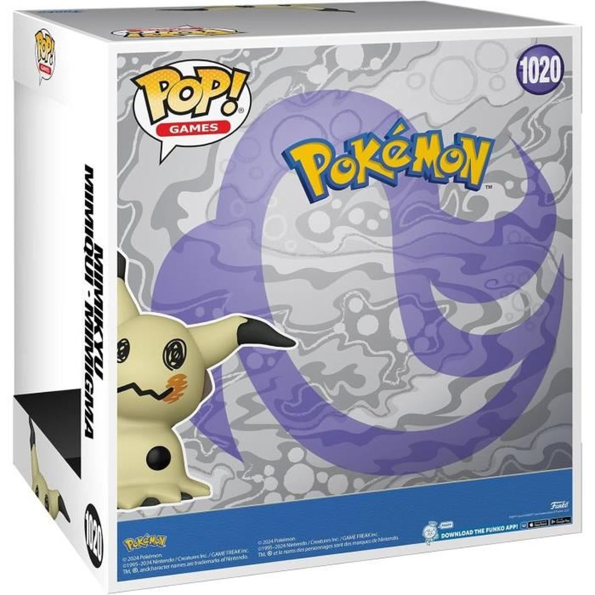 Eine Funko Pop-Box von Mimikyu. Die Box hat das Pokémon-Logo, eine Mimikyu-Figur und das Funko Pop Games-Logo.